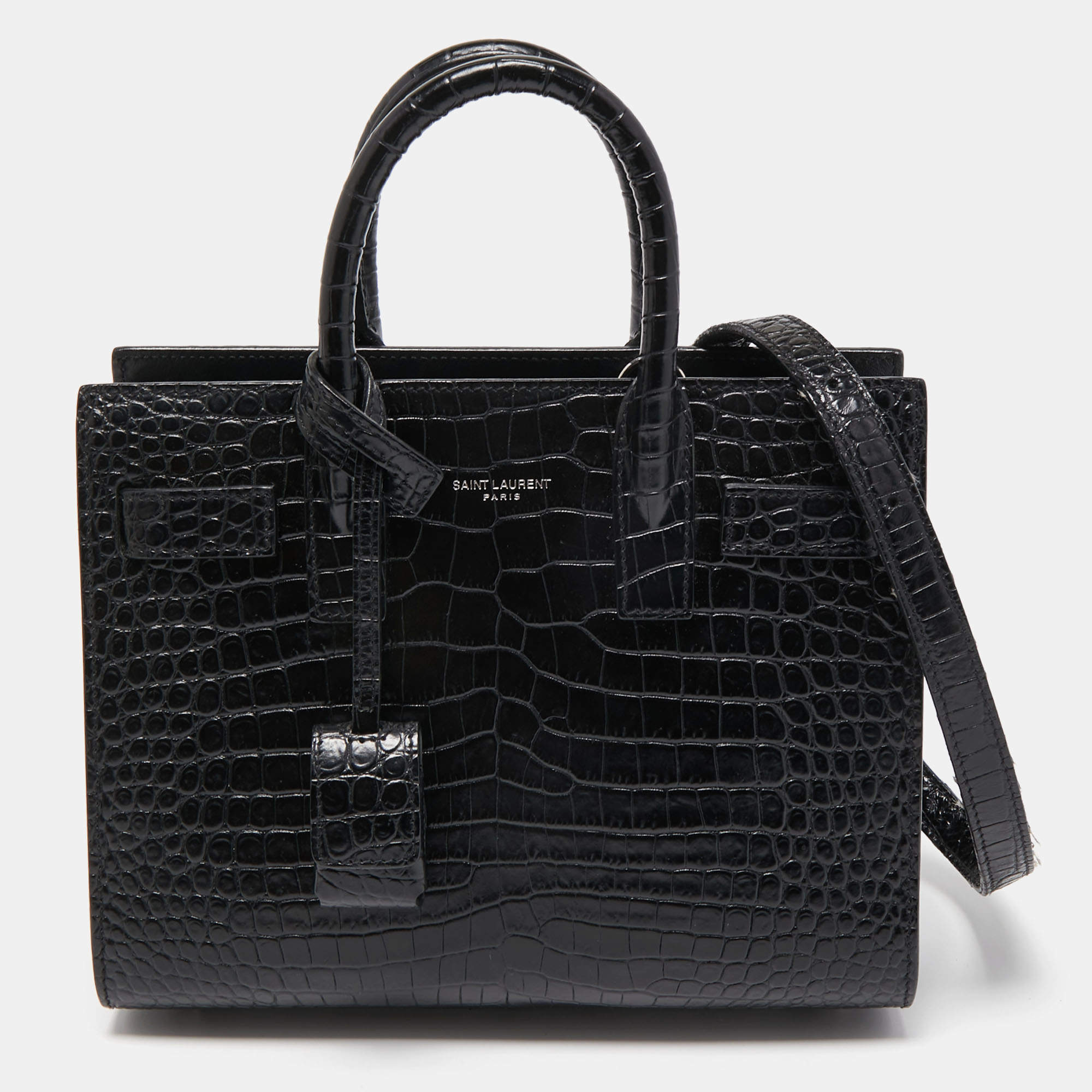 Saint Laurent Black Croc Embossed Leather Nano Classic Sac De Jour Tote