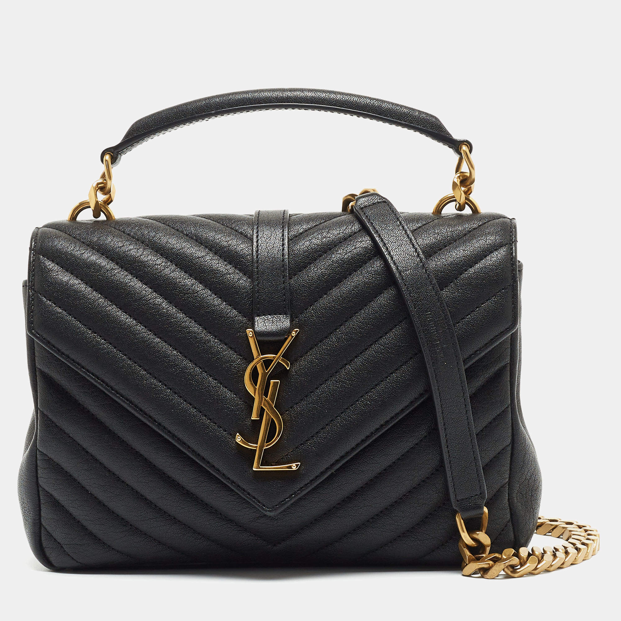 Saint Laurent Black Matelasse Leather Medium College Top Handle Bag