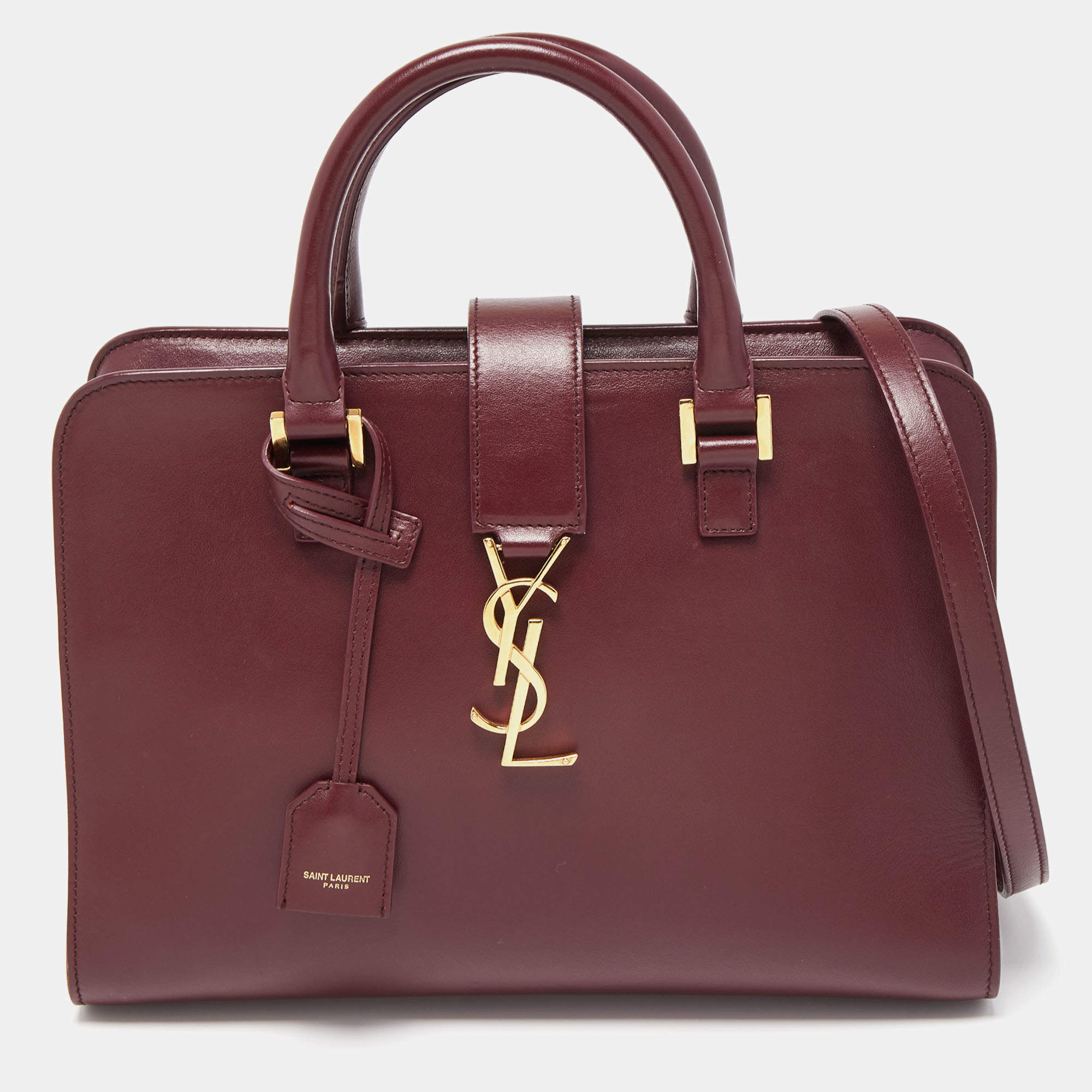 Pre Owned Saint Laurent Burgundy Leather Small Monogram Cabas Bag