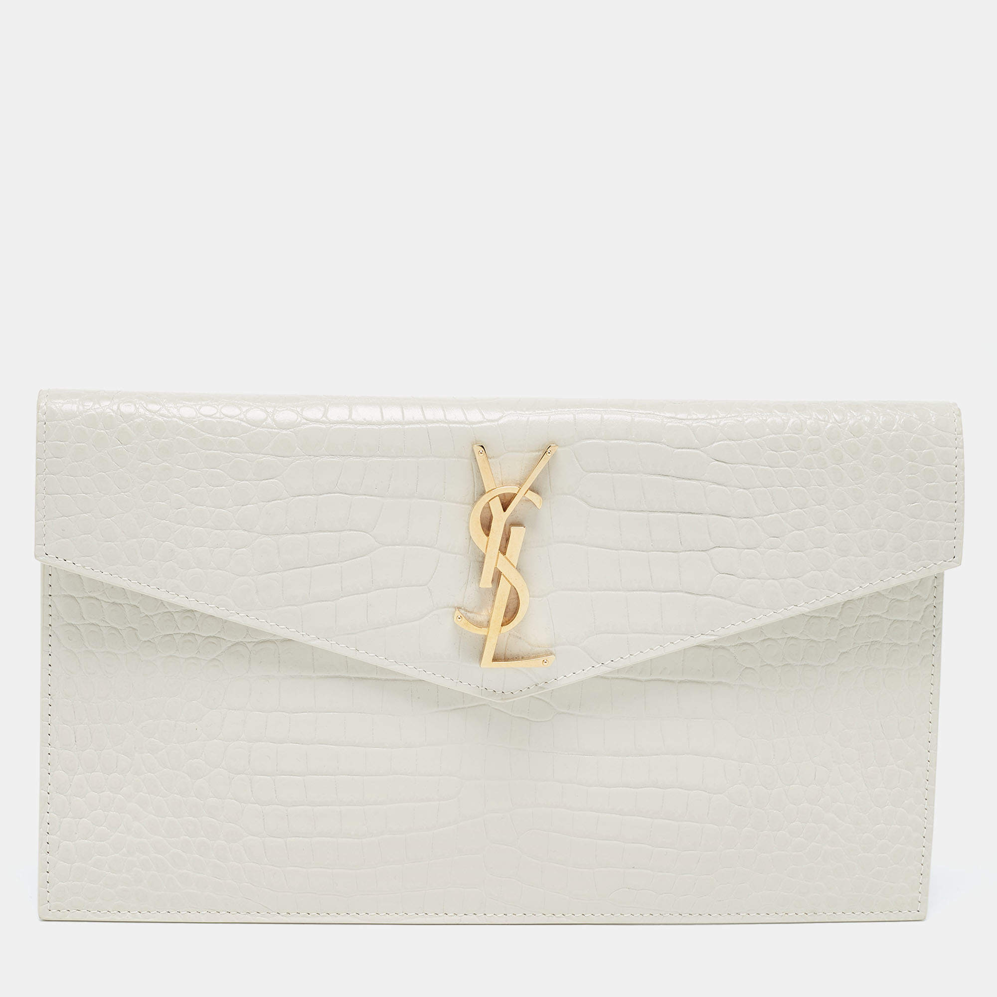 Pre Owned Saint Laurent Ivory Croc Embossed Leather Medium Uptown Pouch