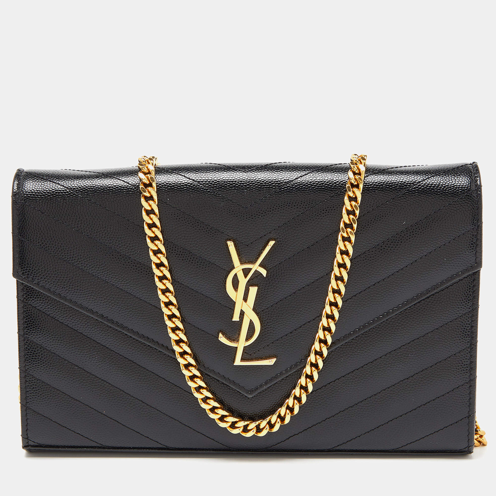 Saint Laurent Black Matelasse Leather Monogram Envelope Wallet on Chain