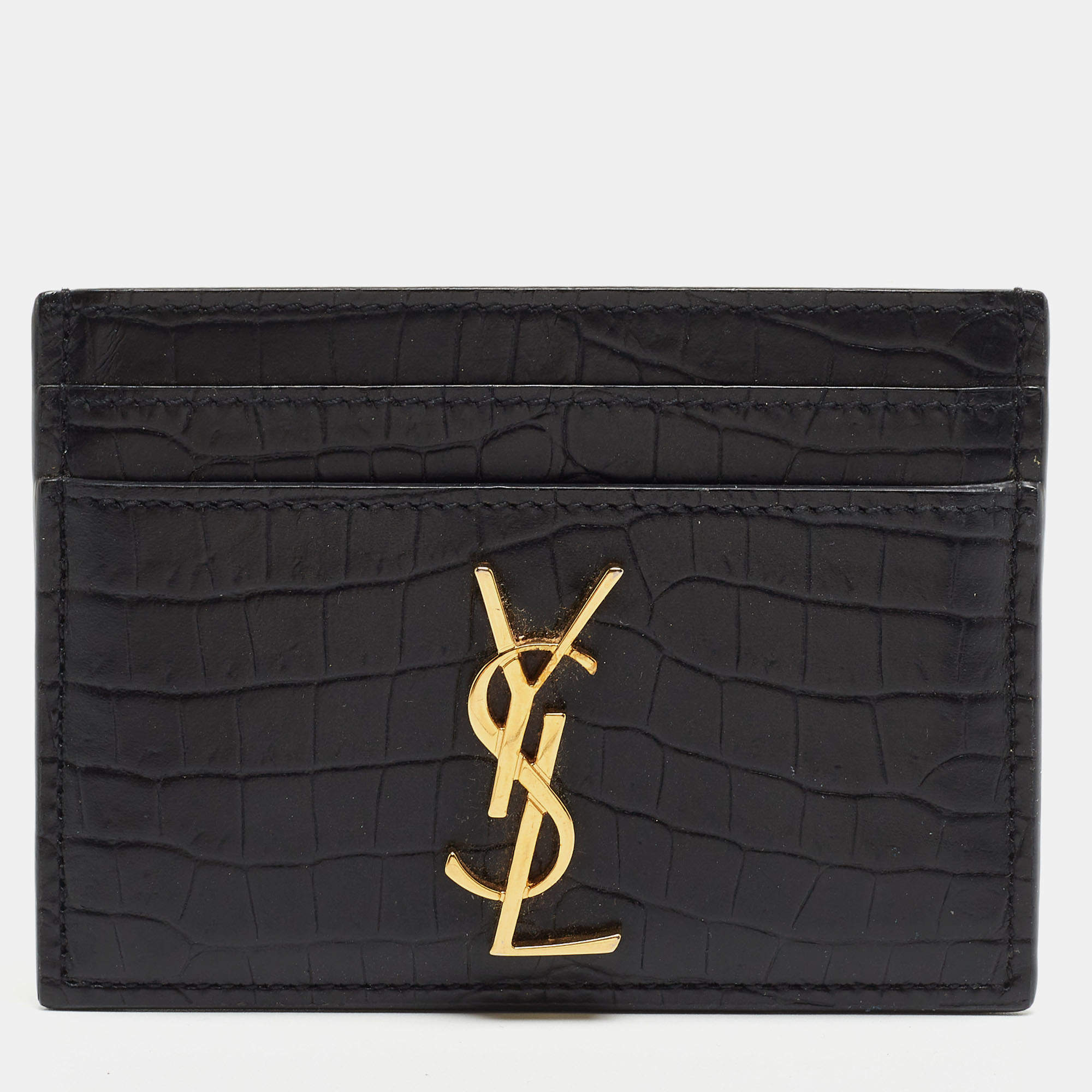 Saint Laurent Black Croc Embossed Leather Monogram Card Holder