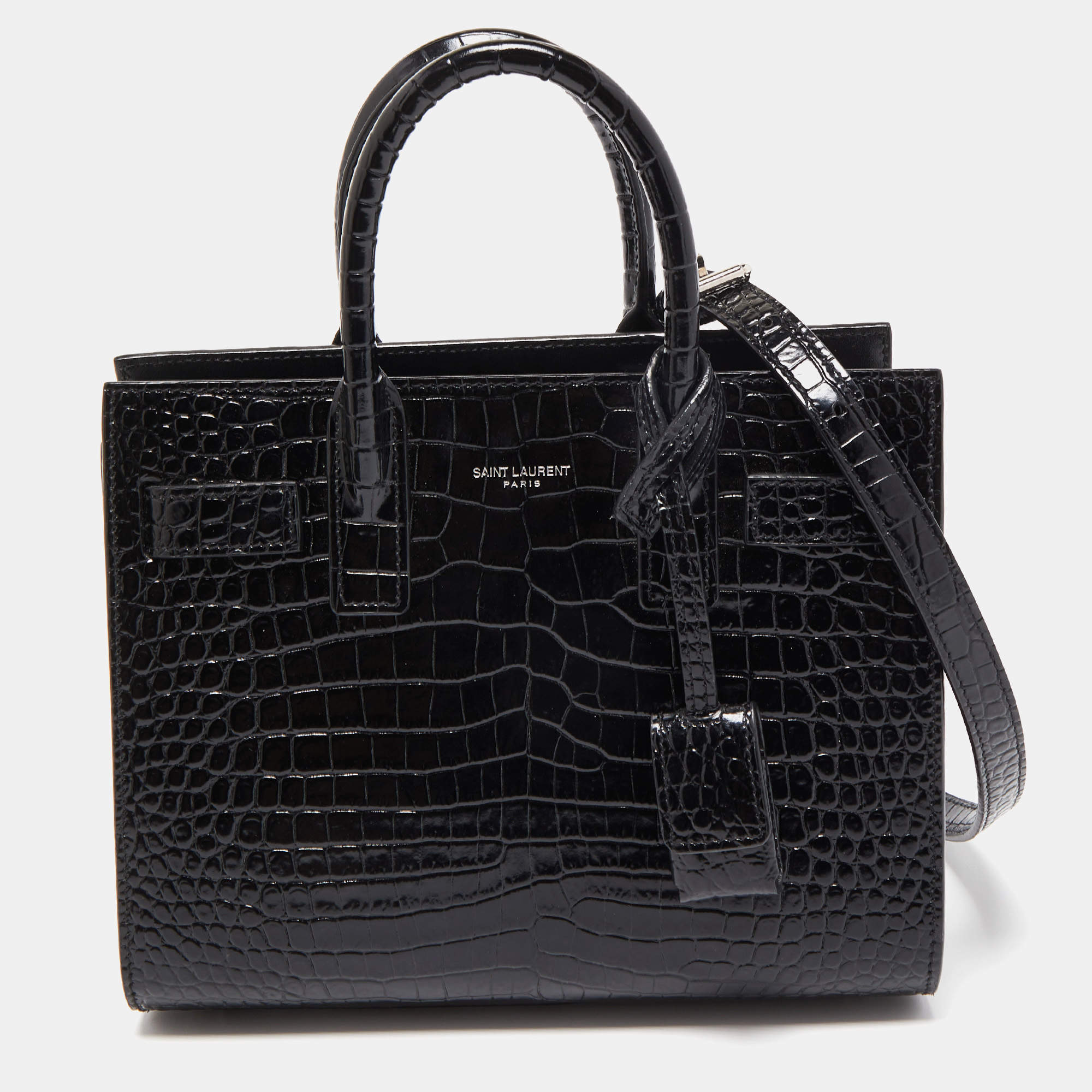 Pre Owned Saint Laurent Black Croc Embossed Leather Nano Classic Sac De Jour Tote