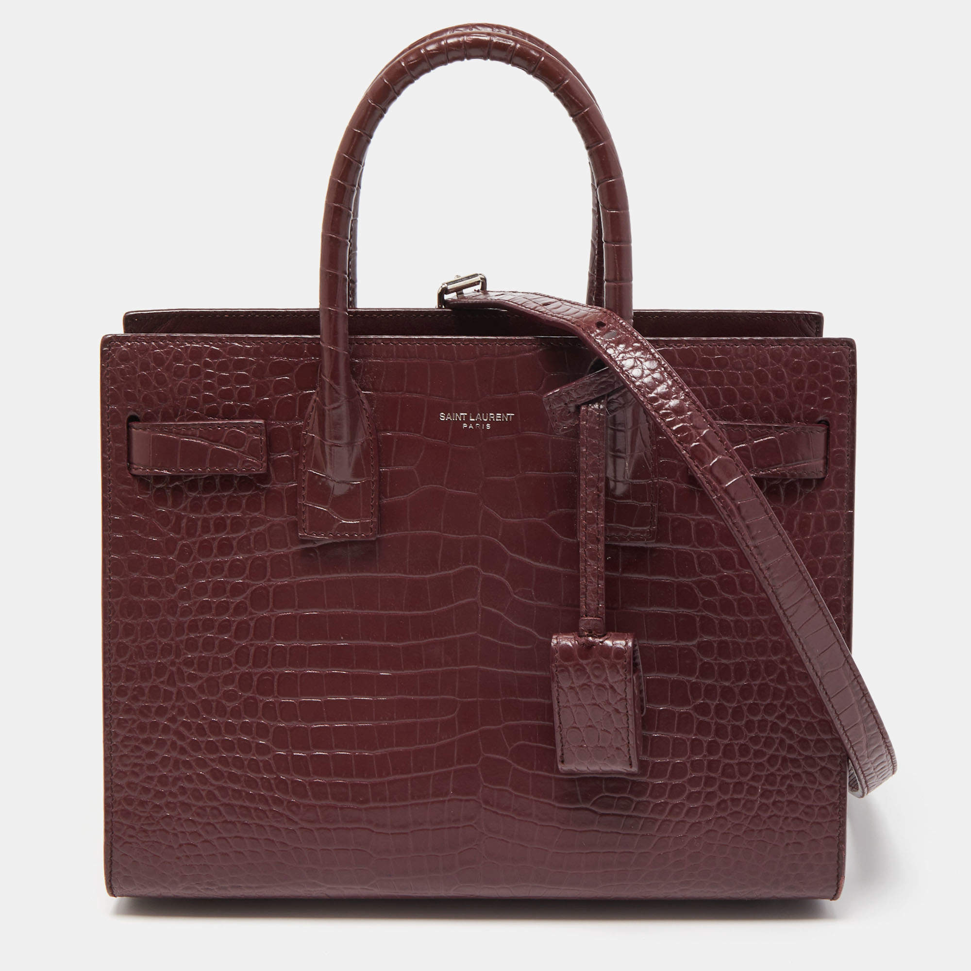 Pre Owned Saint Laurent Burgundy Croc Embossed Leather Baby Classic Sac De Jour Tote