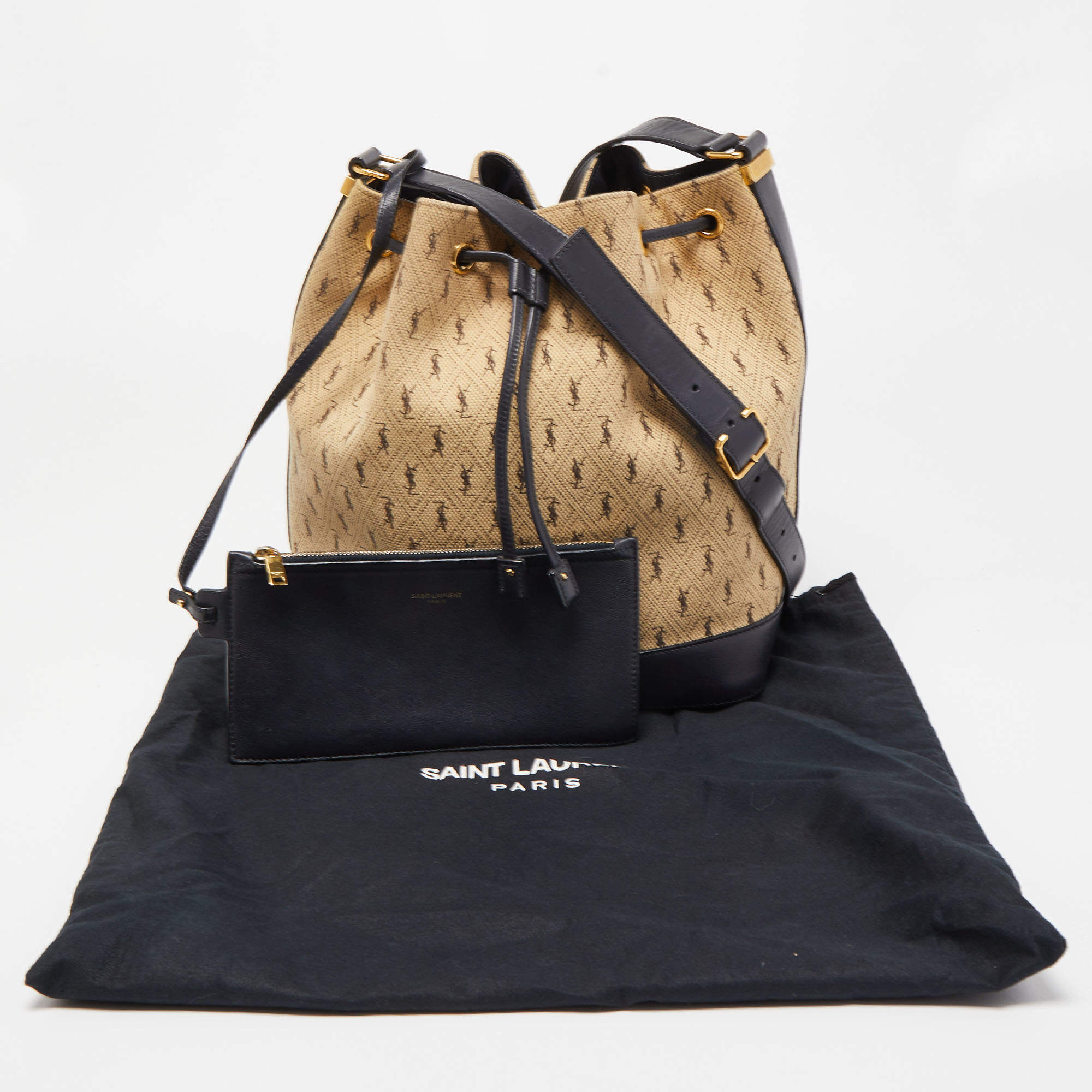 Saint Laurent Beige/Black Monogram Canvas and Leather Drawstring Bucket Bag  Saint Laurent Paris