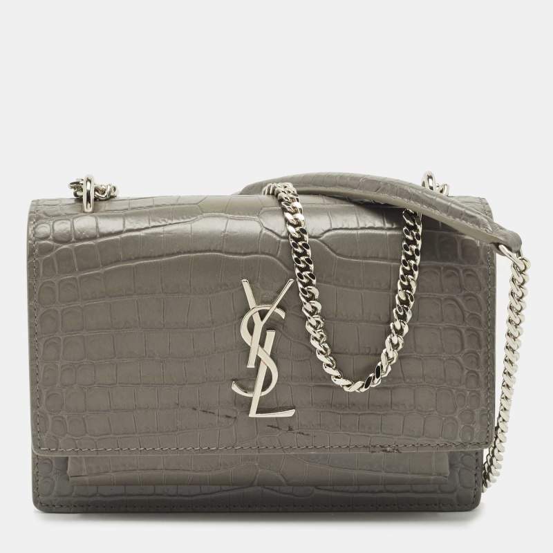 Pre Owned Saint Laurent Grey Croc Embossed Leather Mini Sunset Chain Bag