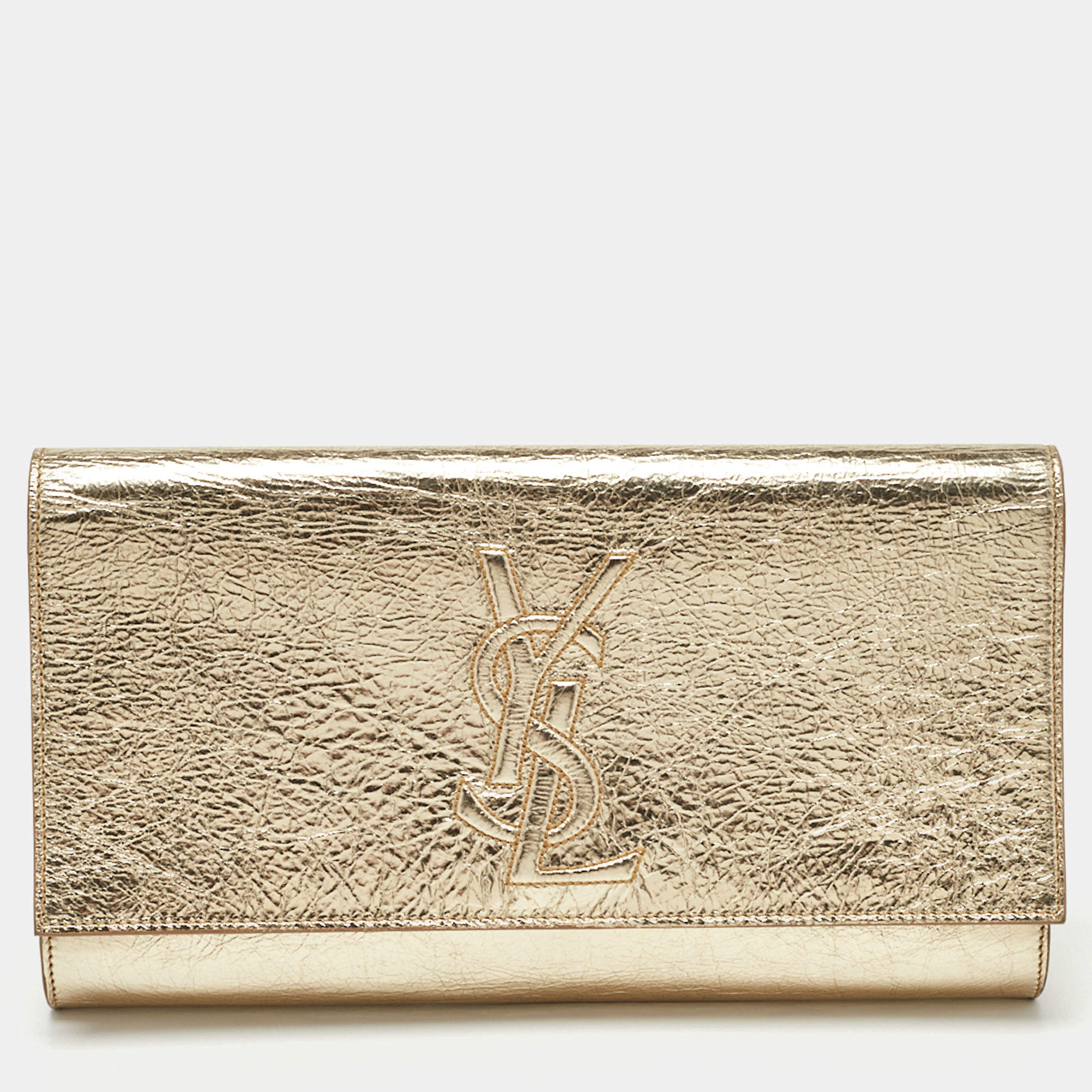 Saint Laurent Women's Gold Leather Metallic Flap Clutch For Sale
