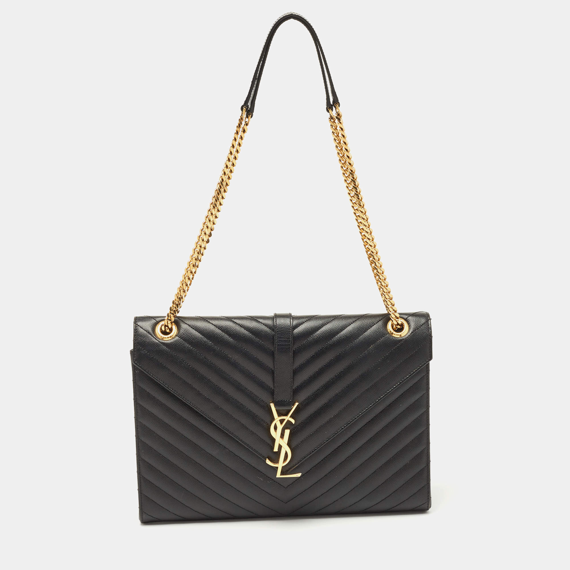 Pre Owned Saint Laurent Black Matelassé Leather Large Monogram Envelope Shoulder Bag