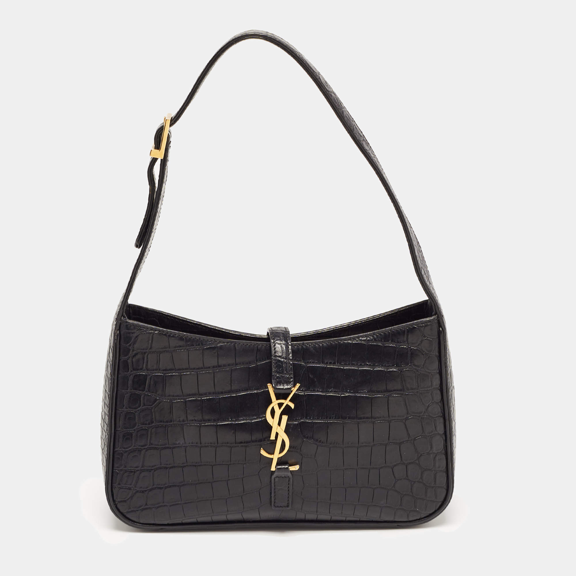 Saint Laurent Black Croc Embossed Leather Le 5 À 7 Hobo