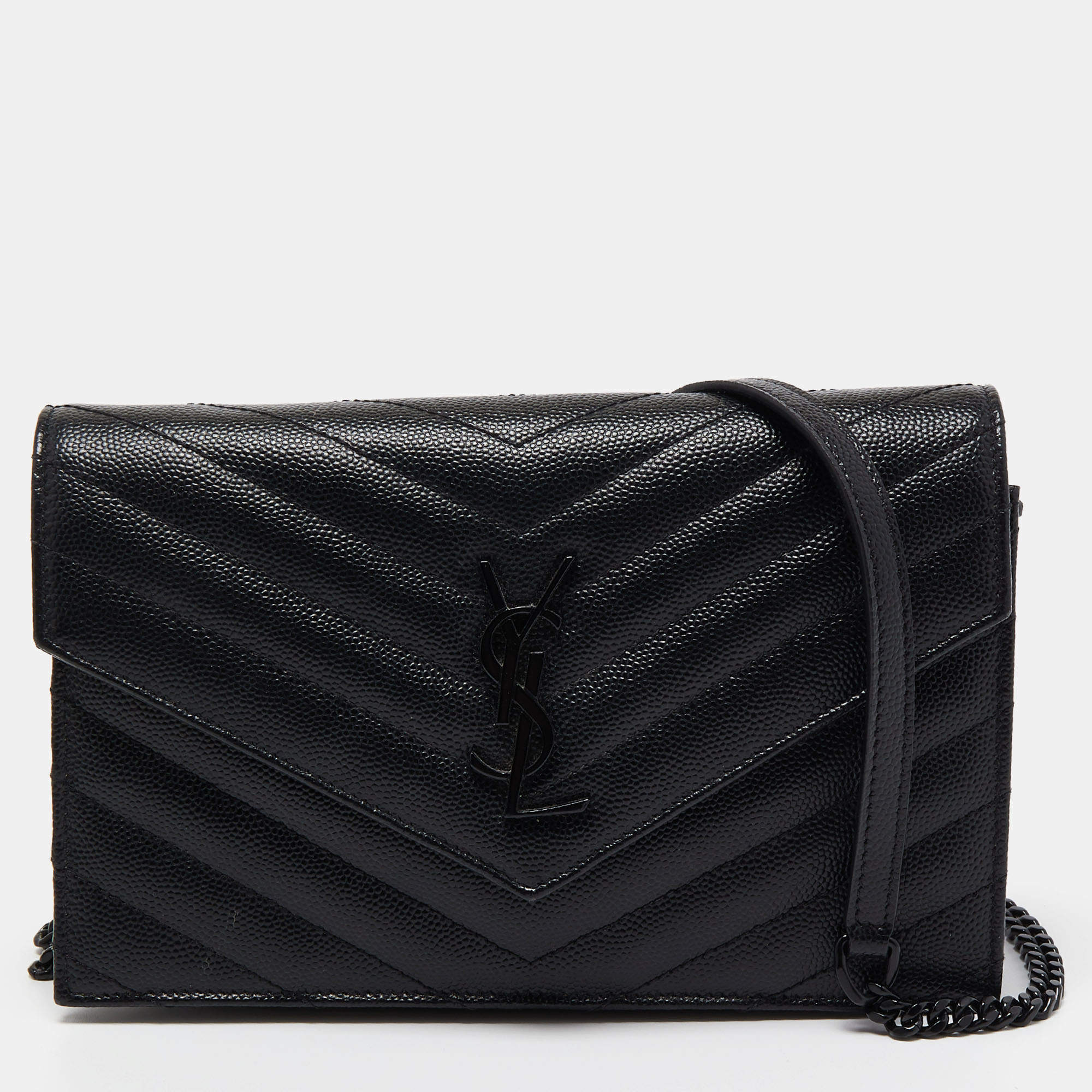 Saint Laurent Black Matelasse Leather Monogram Envelope Wallet on Chain