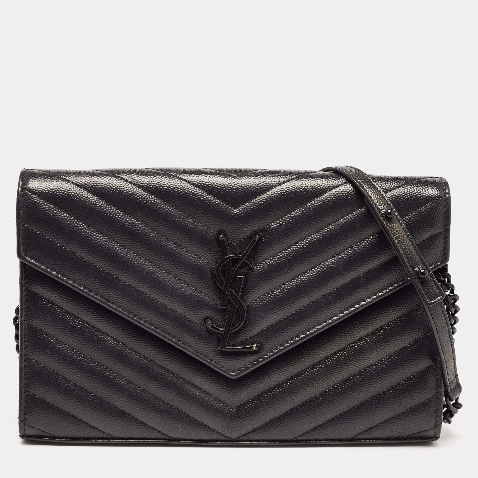 Saint Laurent Black Matelasse Leather Monogram Envelope Wallet on Chain