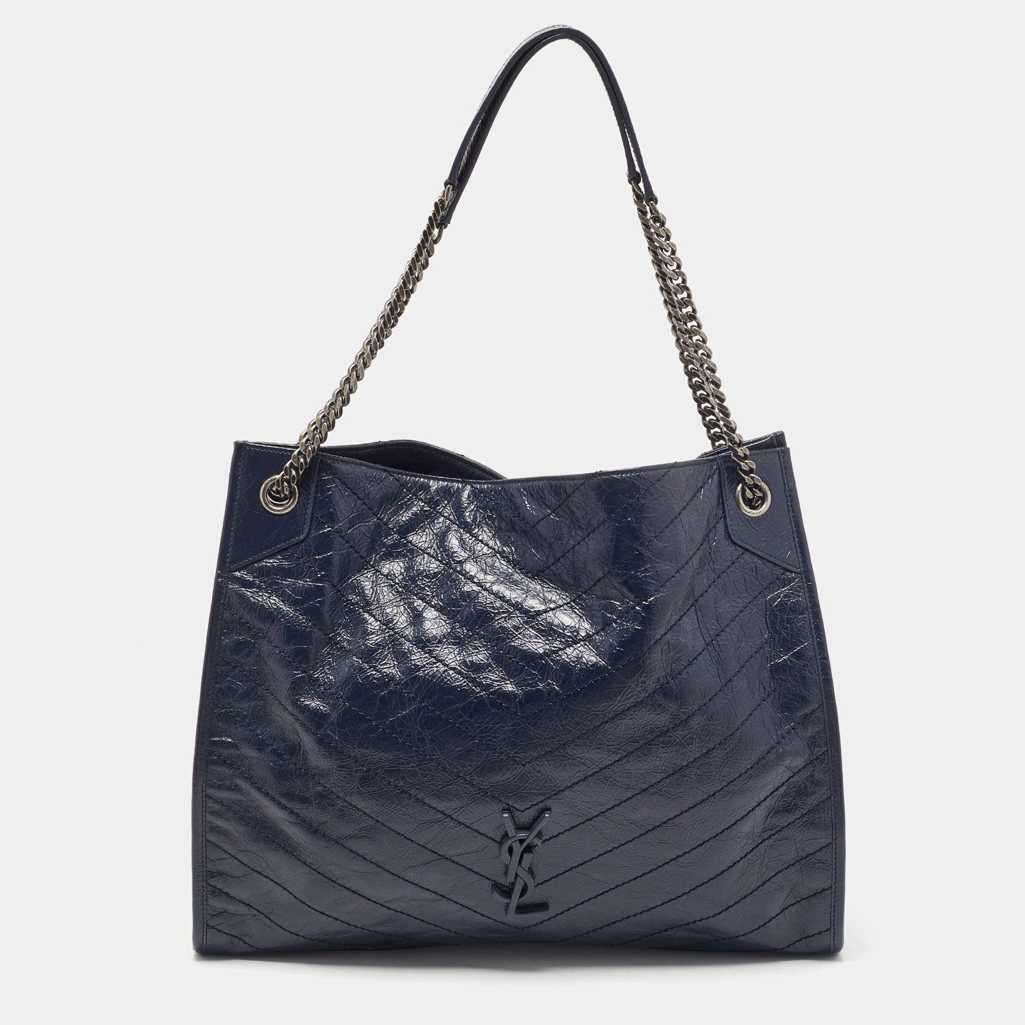 Saint Laurent Blue Crinkled Leather Niki Shopper Tote