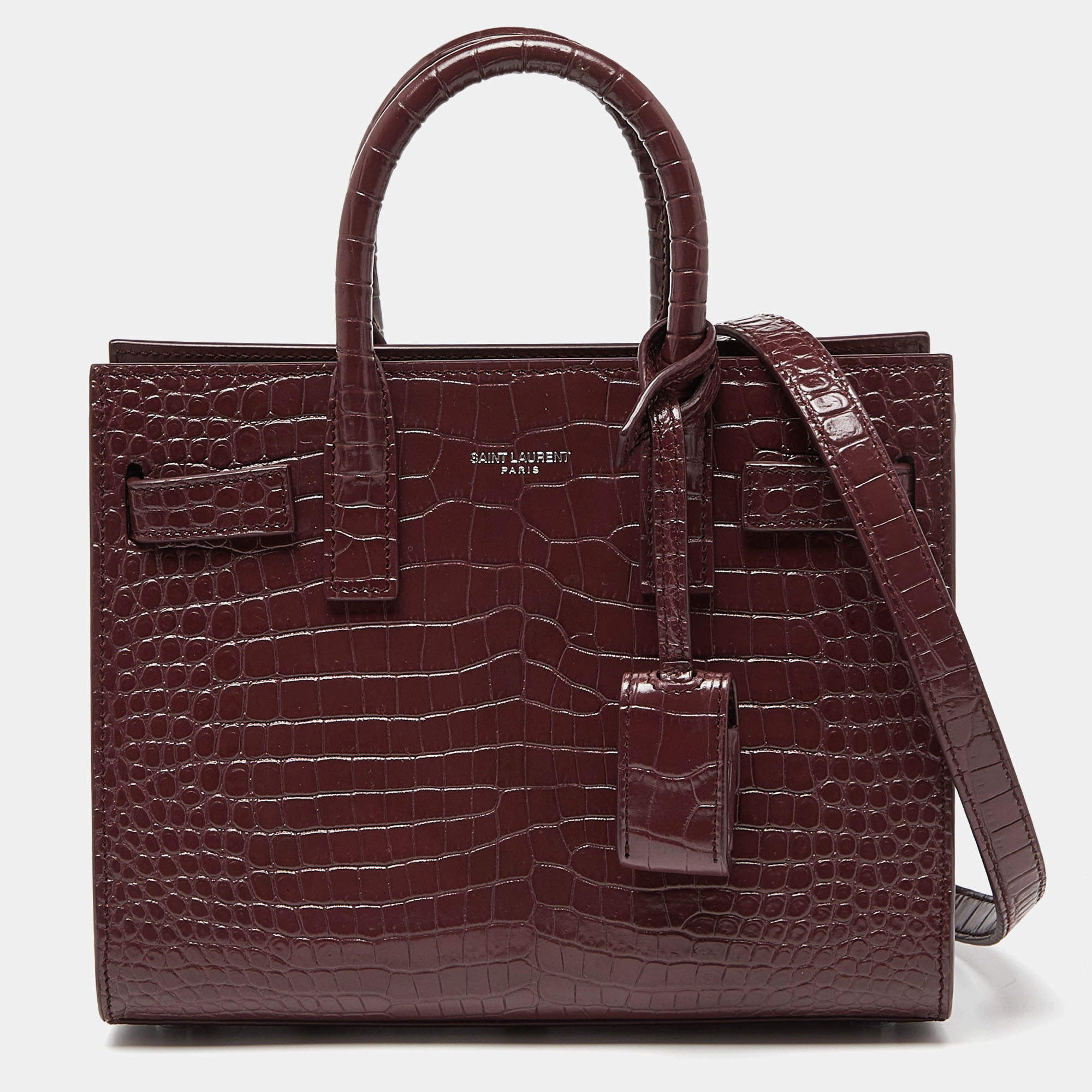 Pre Owned Saint Laurent Burgundy Croc Embossed Leather Nano Classic Sac De Jour Tote