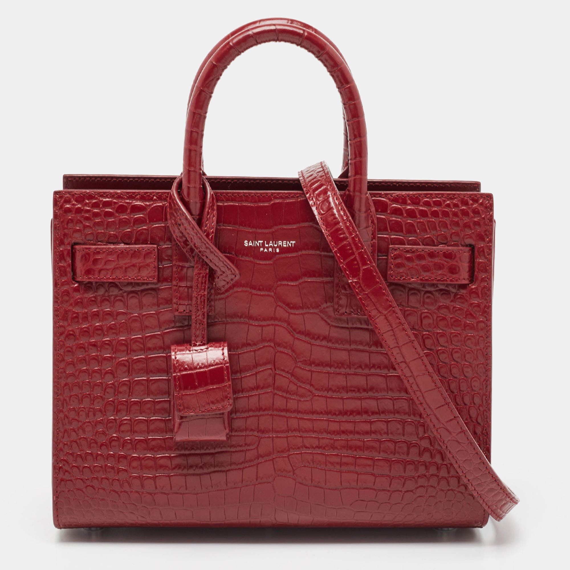 Saint Laurent Red Croc Embossed Leather Nano Classic Sac De Jour Tote