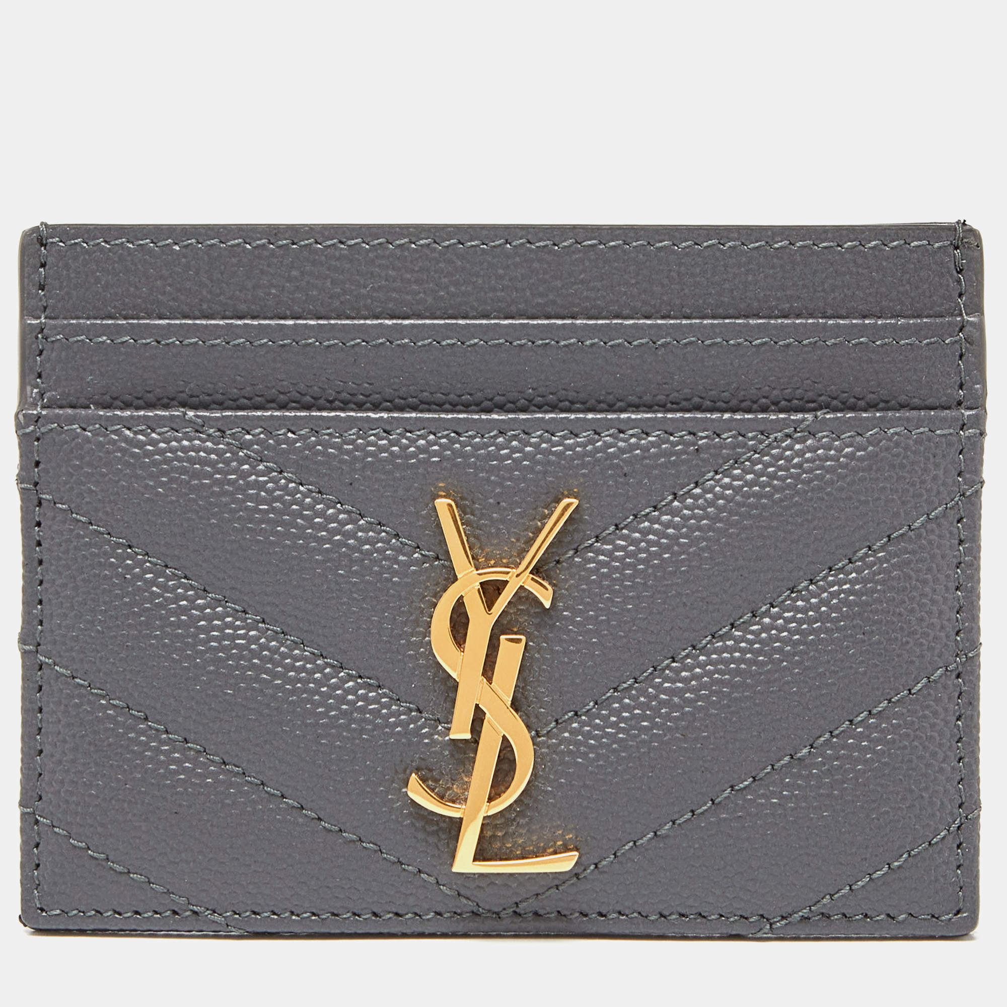 Pre Owned Saint Laurent Grey Matelassé Leather Monogram Card Holder