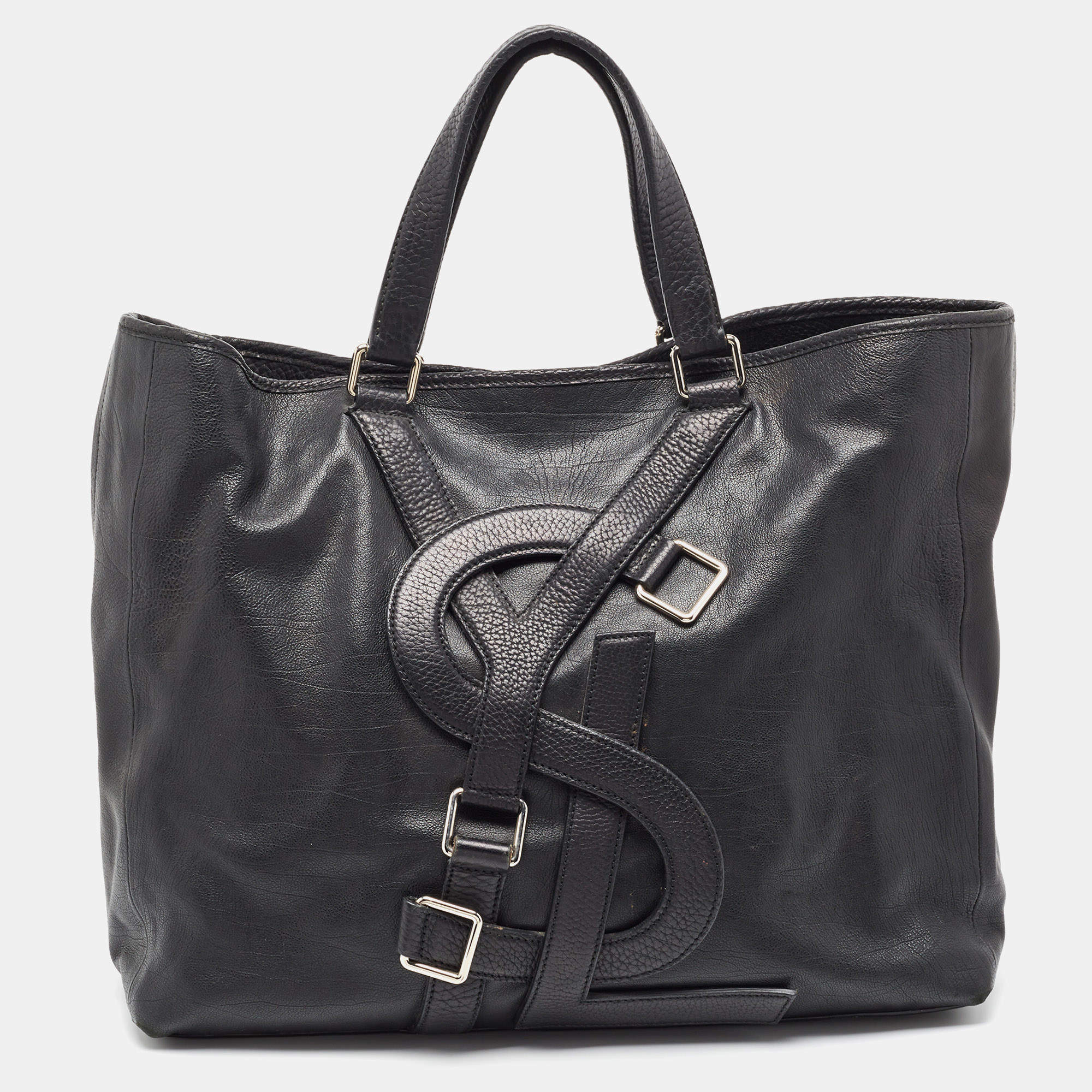 Pre Owned Saint Laurent Black Leather Vavin Buckle Tote