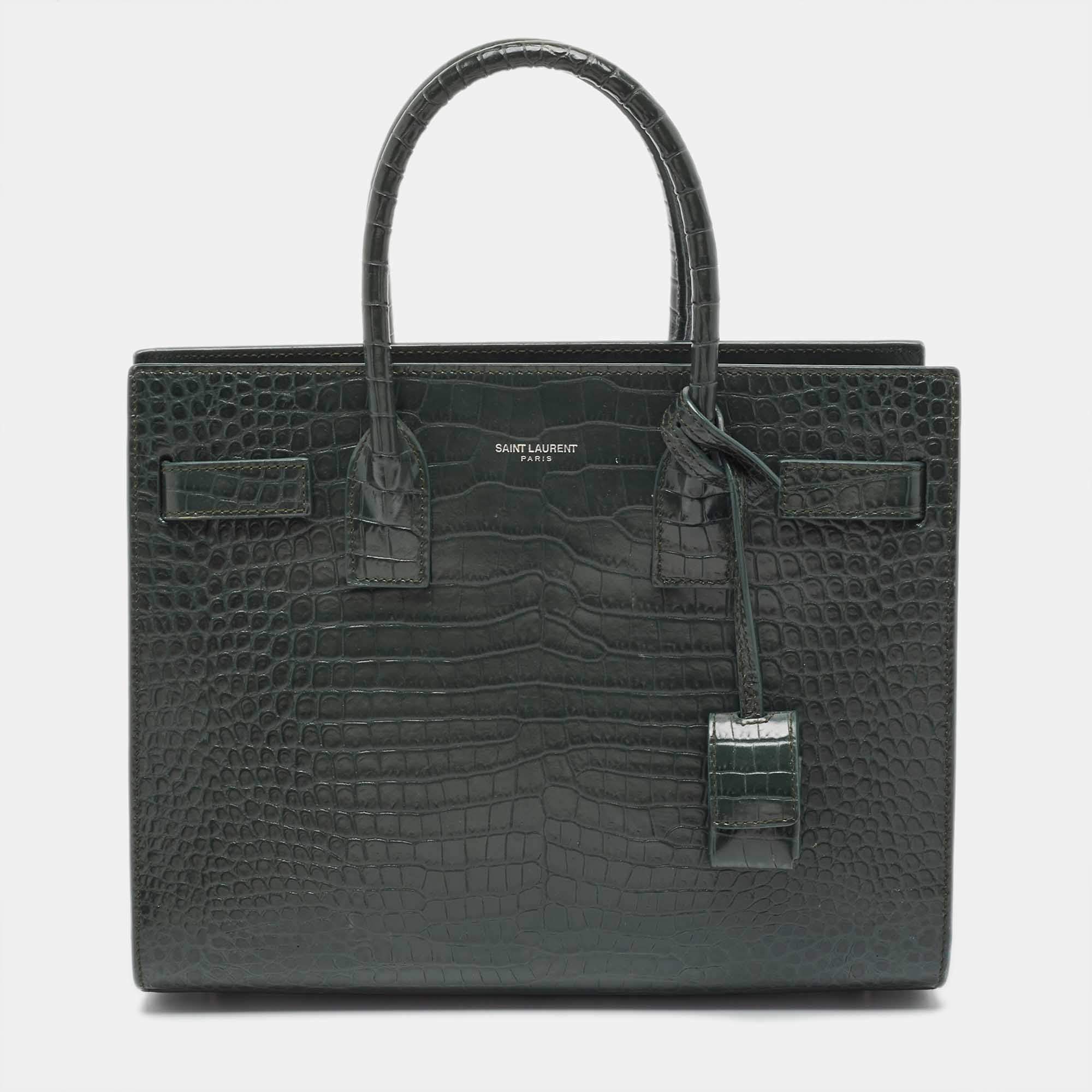 Pre Owned Saint Laurent Green Croc Embossed Leather Baby Classic Sac De Jour Tote