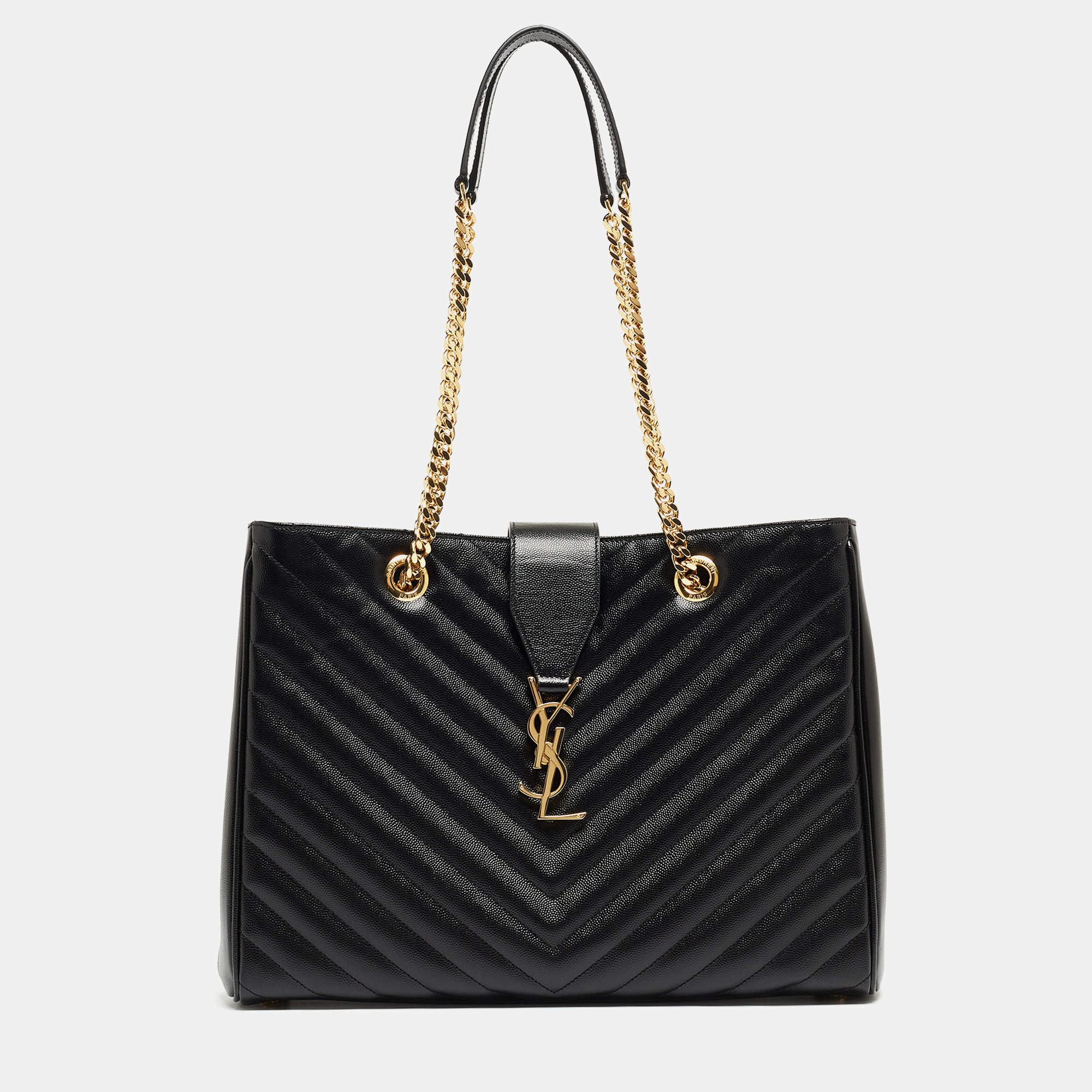 Pre Owned Saint Laurent Black Chevron Leather Classic Monogram Shopping Tote