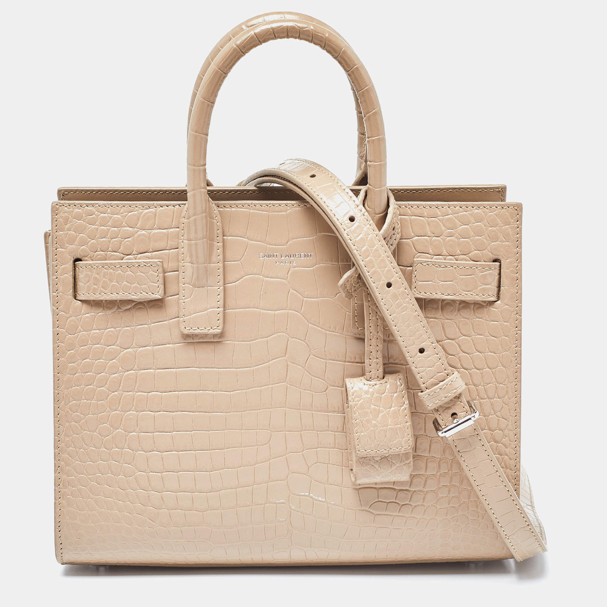 Pre Owned Saint Laurent Beige Croc Embossed Leather Nano Classic Sac De Jour Tote