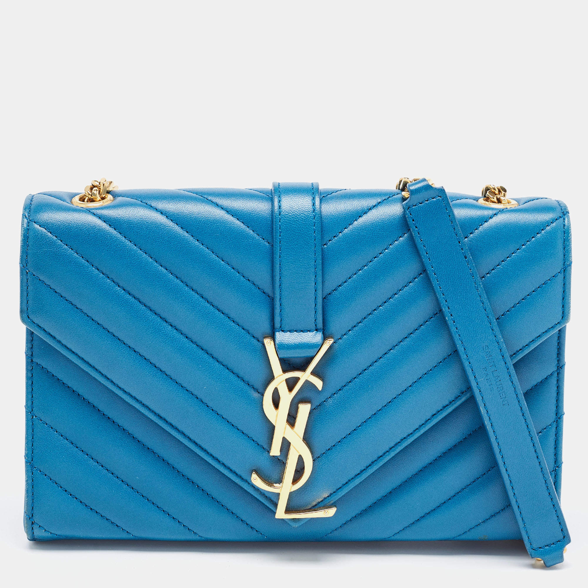Saint Laurent Blue Matelasse Leather Envelope Chain Shoulder Bag