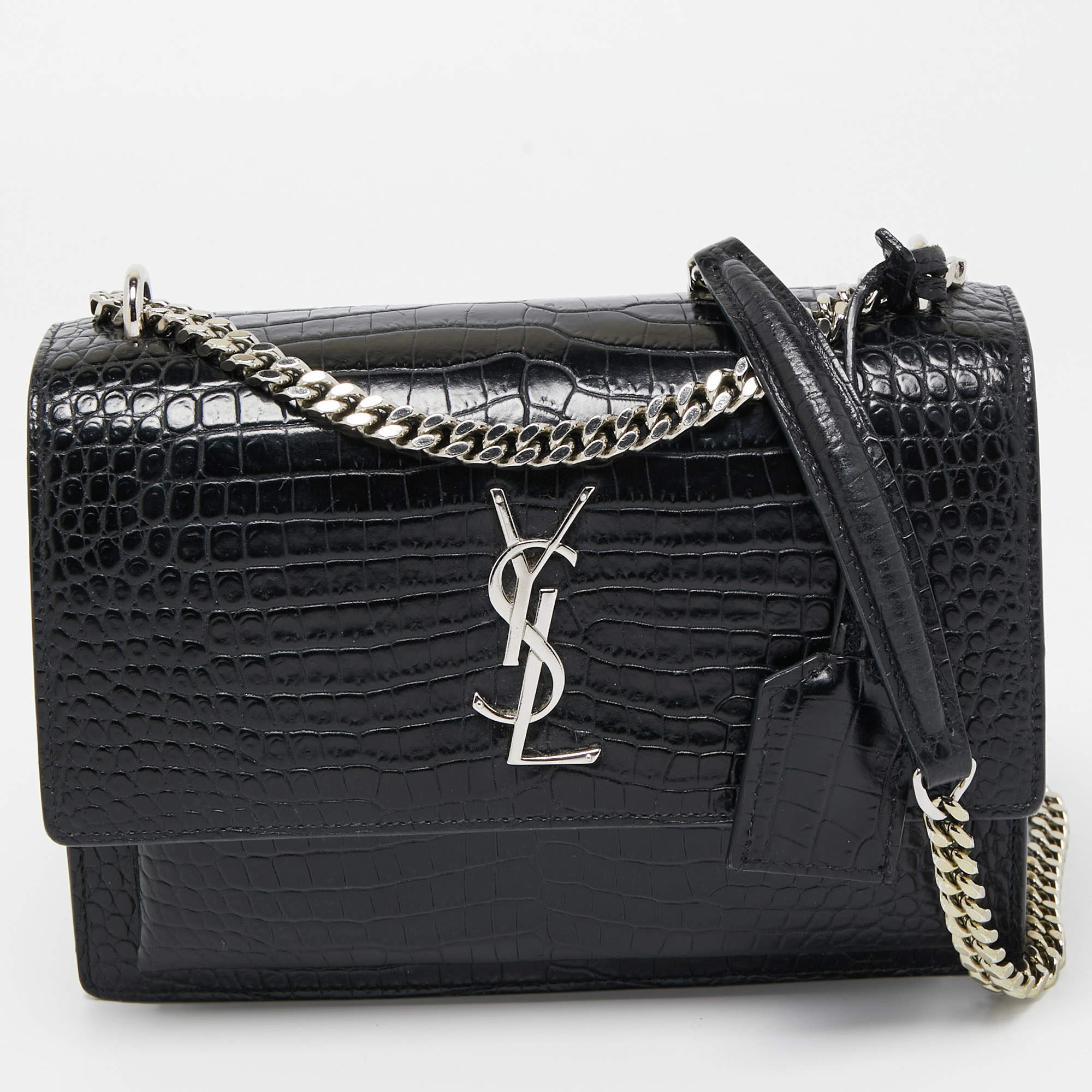 Pre Owned Saint Laurent Black Croc Embossed Leather Medium Sunset Shoulder Bag