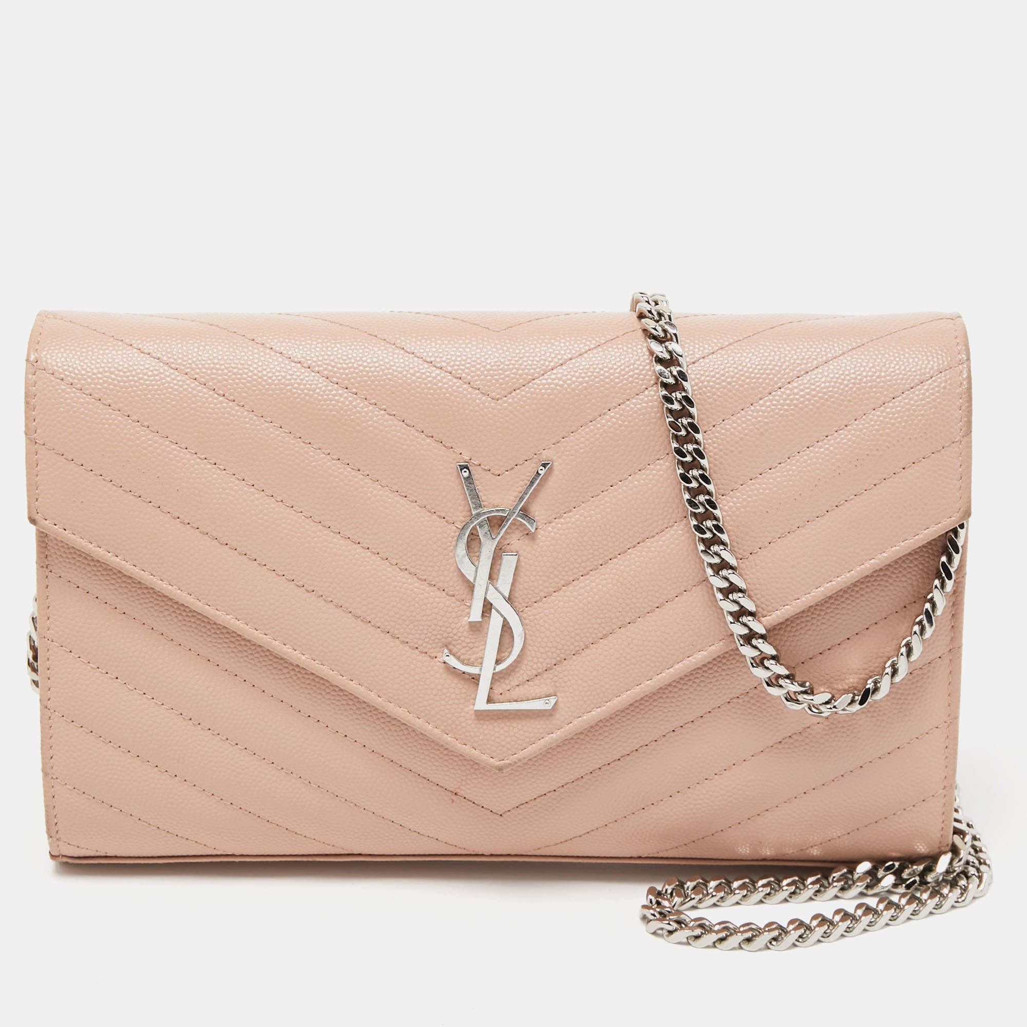 Saint Laurent Light Pink Matelassé Leather Cassandre Wallet on Chain
