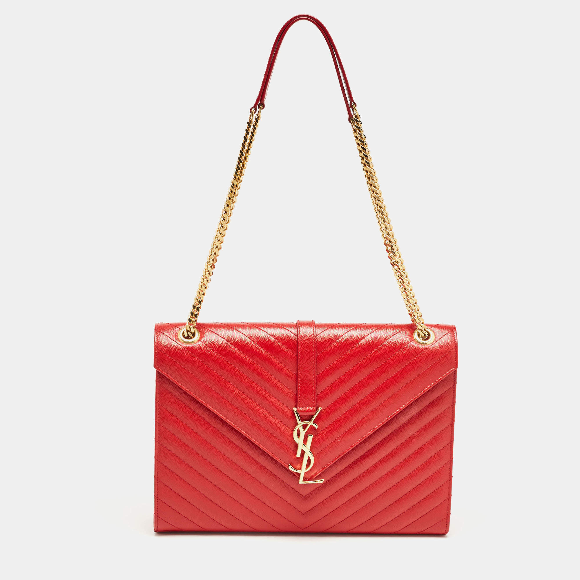 Saint Laurent Red Matelassé Leather Large Monogram Envelope Shoulder Bag