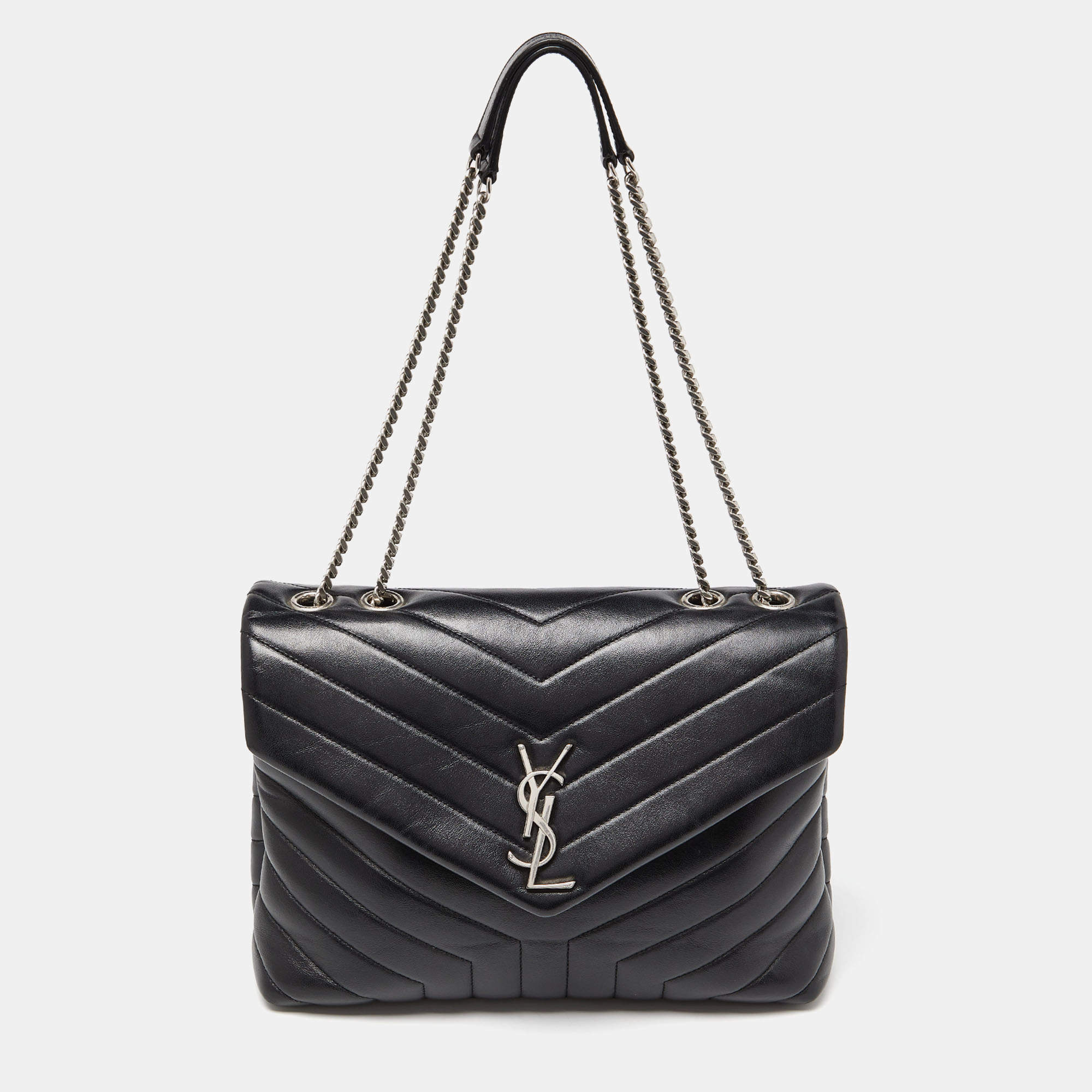 Pre Owned Saint Laurent Black Matelassé Leather Medium LouLou Shoulder Bag