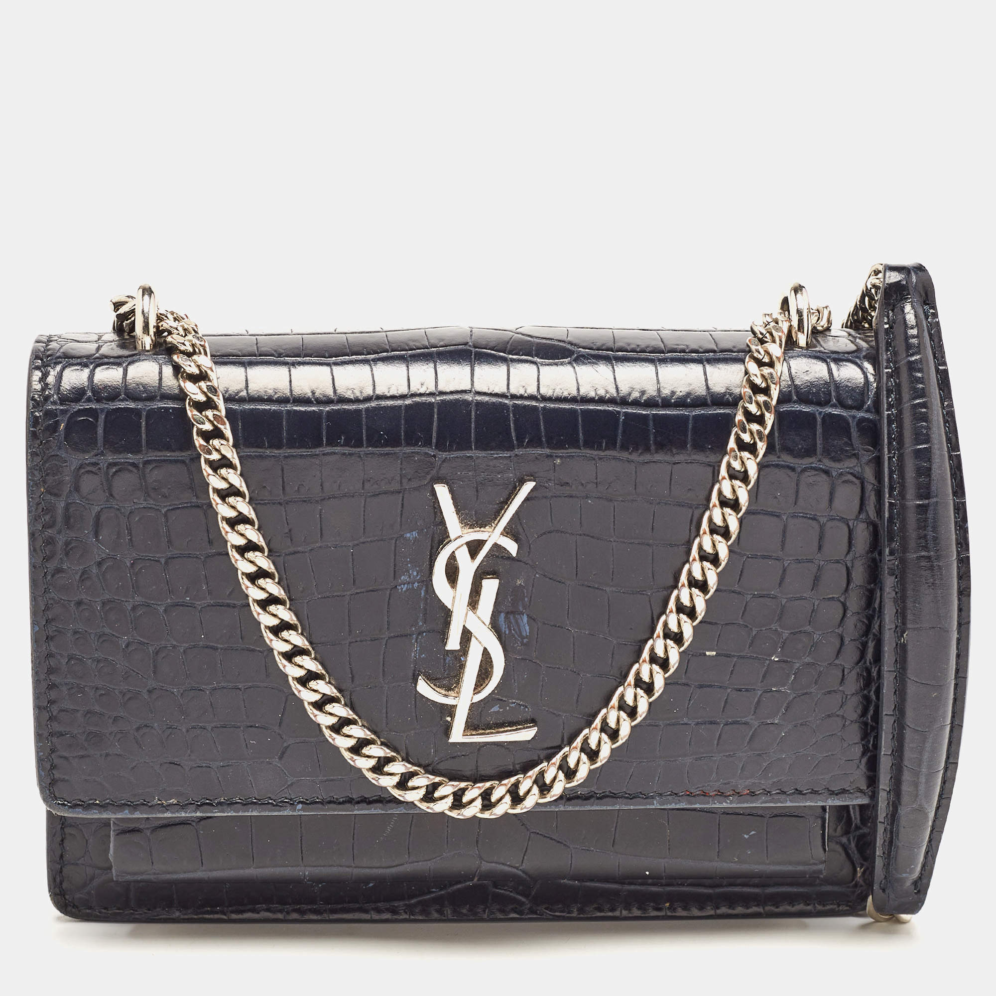 Pre Owned Saint Laurent Navy Blue Croc Embossed Leather Mini Sunset Chain Bag