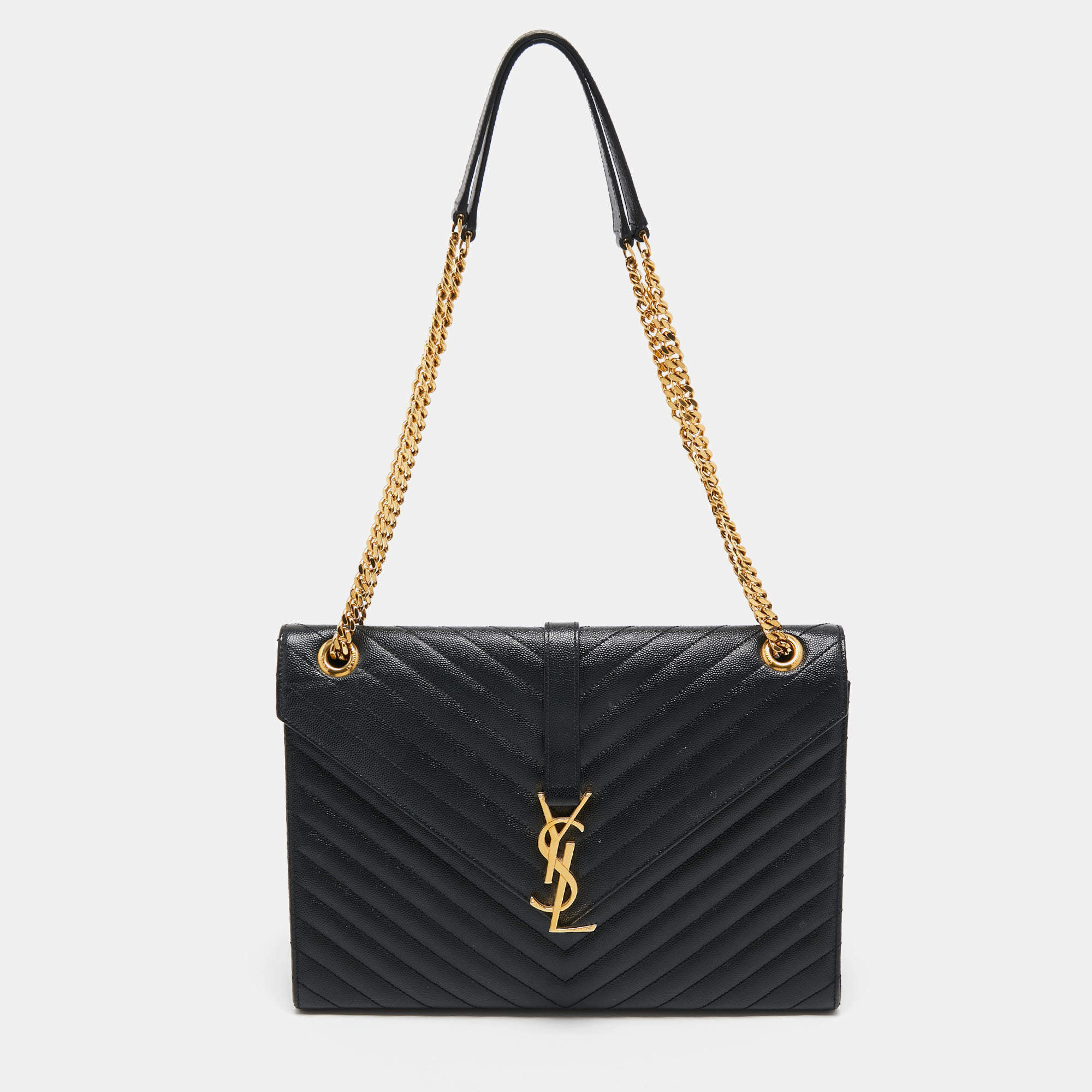 Pre Owned Saint Laurent Black Matelasse Leather Large Monogram Envelope Shoulder Bag