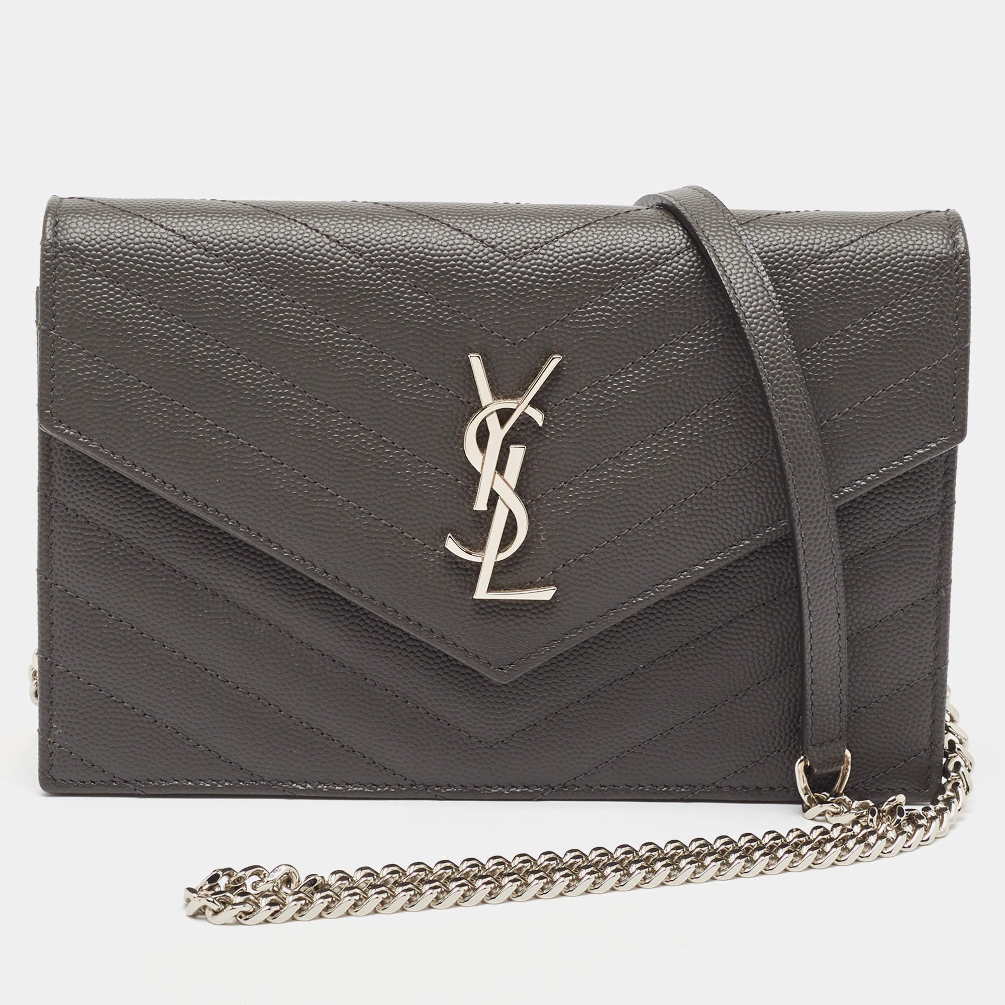 Saint Laurent Grey Matelassé Leather Monogram Envelope Wallet on Chain