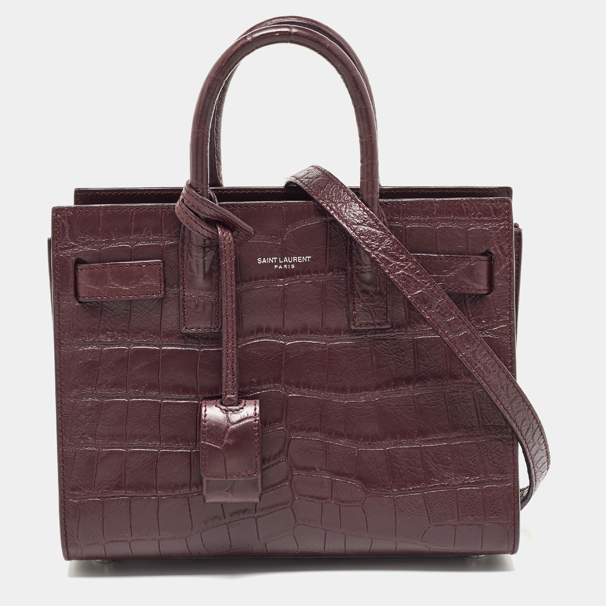 Pre Owned Saint Laurent Burgundy Croc Embossed Leather Nano Classic Sac De Jour Tote