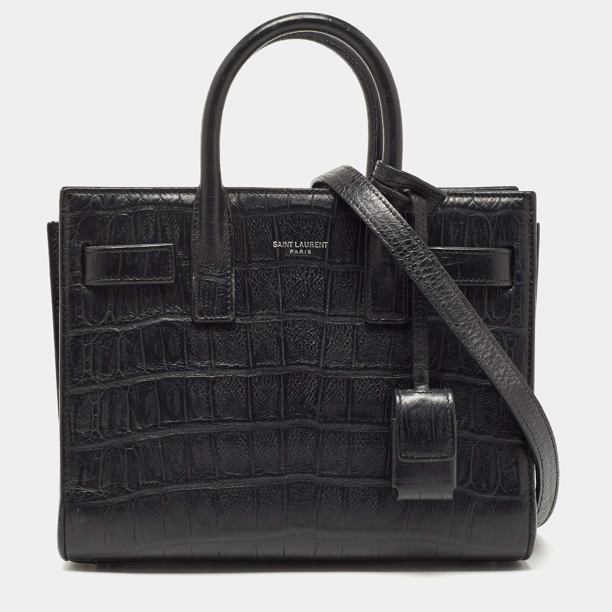 Pre Owned Saint Laurent Black Croc Embossed Leather Nano Classic Sac De Jour Tote