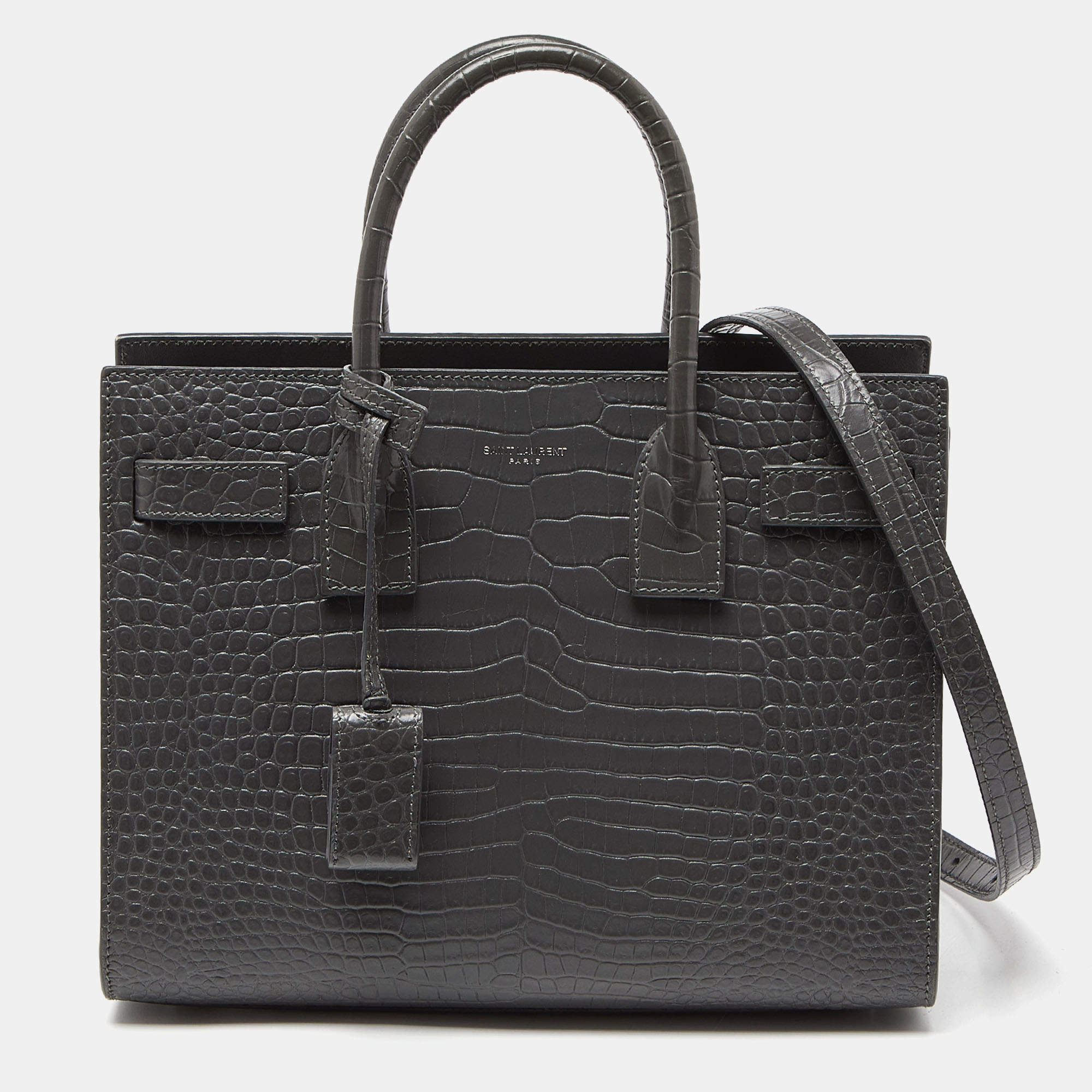 Pre Owned Saint Laurent Grey Croc Embossed Leather Baby Classic Sac De Jour Tote