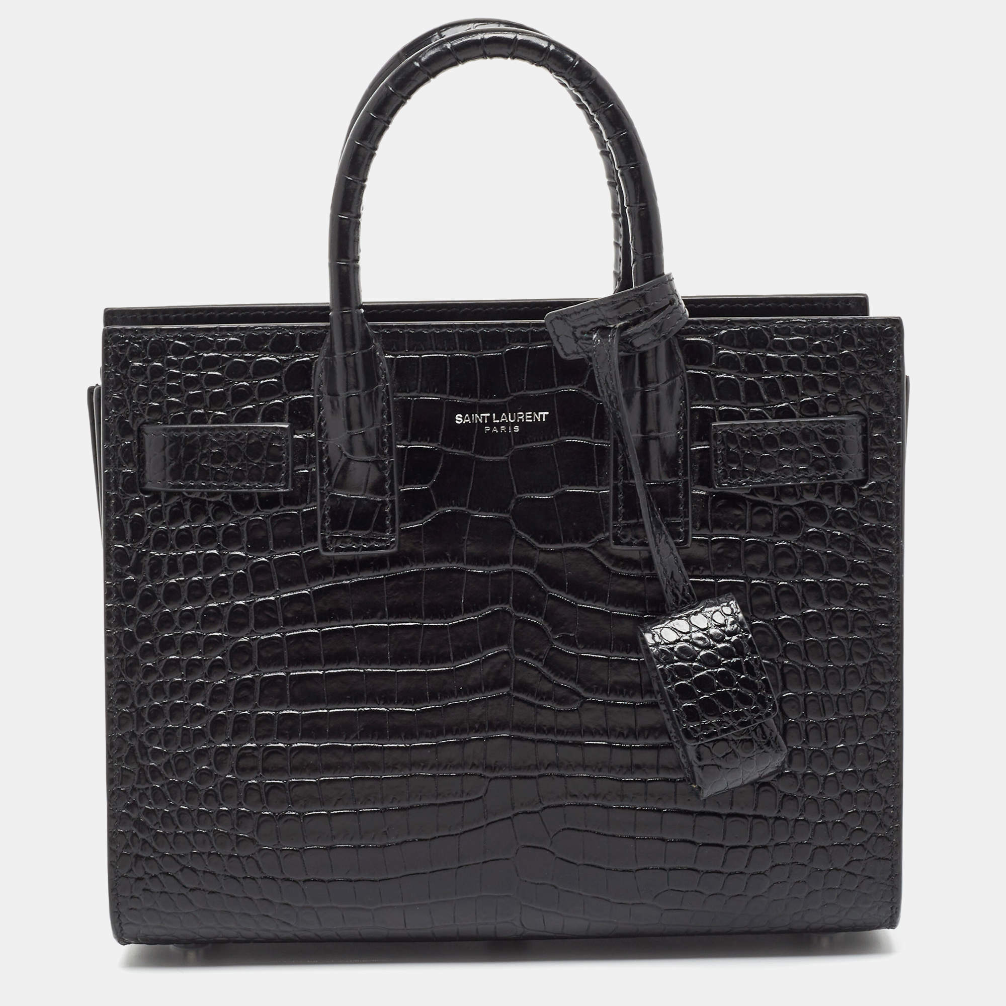 Pre Owned Saint Laurent Black Croc Embossed Leather Nano Classic Sac De Jour Tote