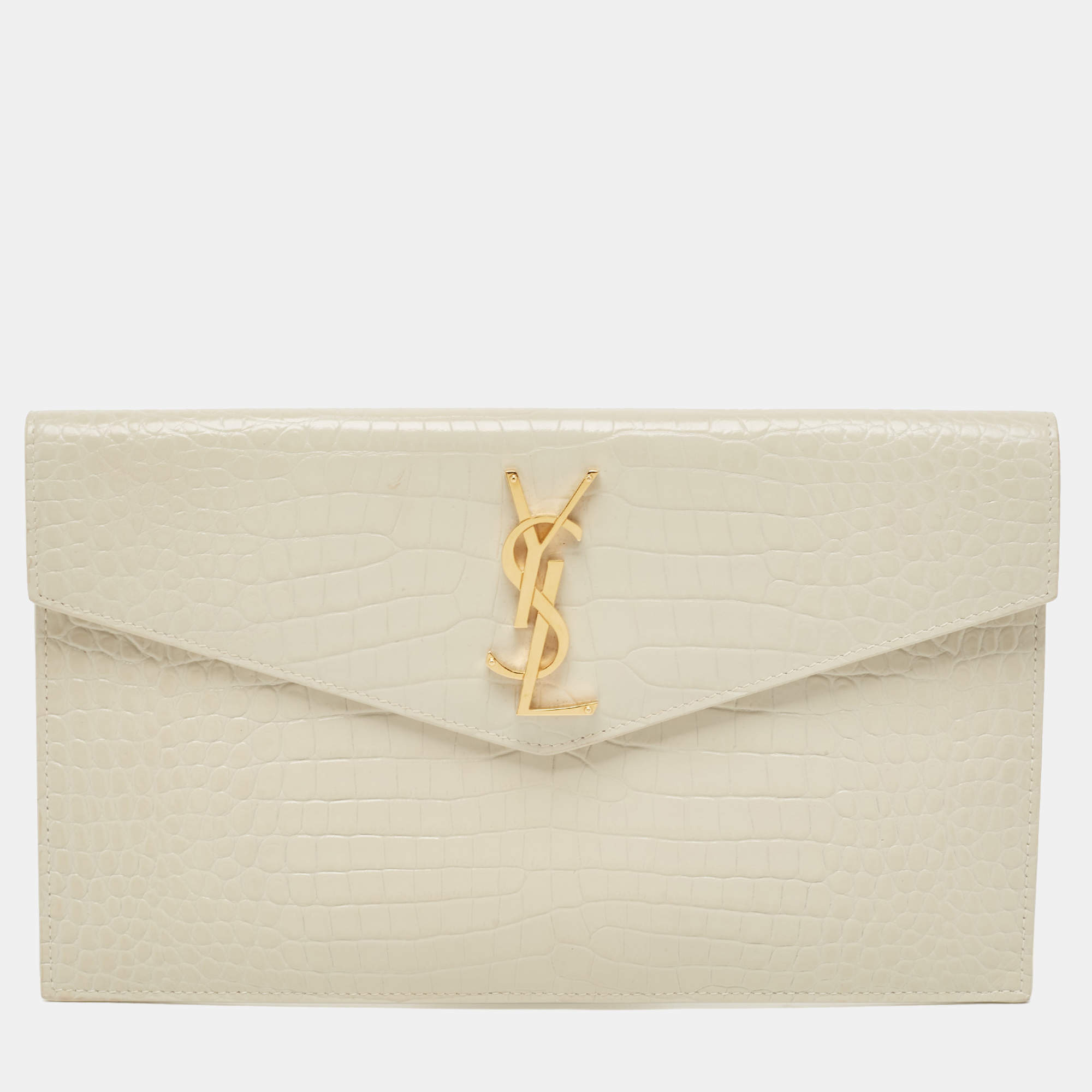 Pre Owned Saint Laurent Ivory Croc Embossed Leather Medium Uptown Pouch