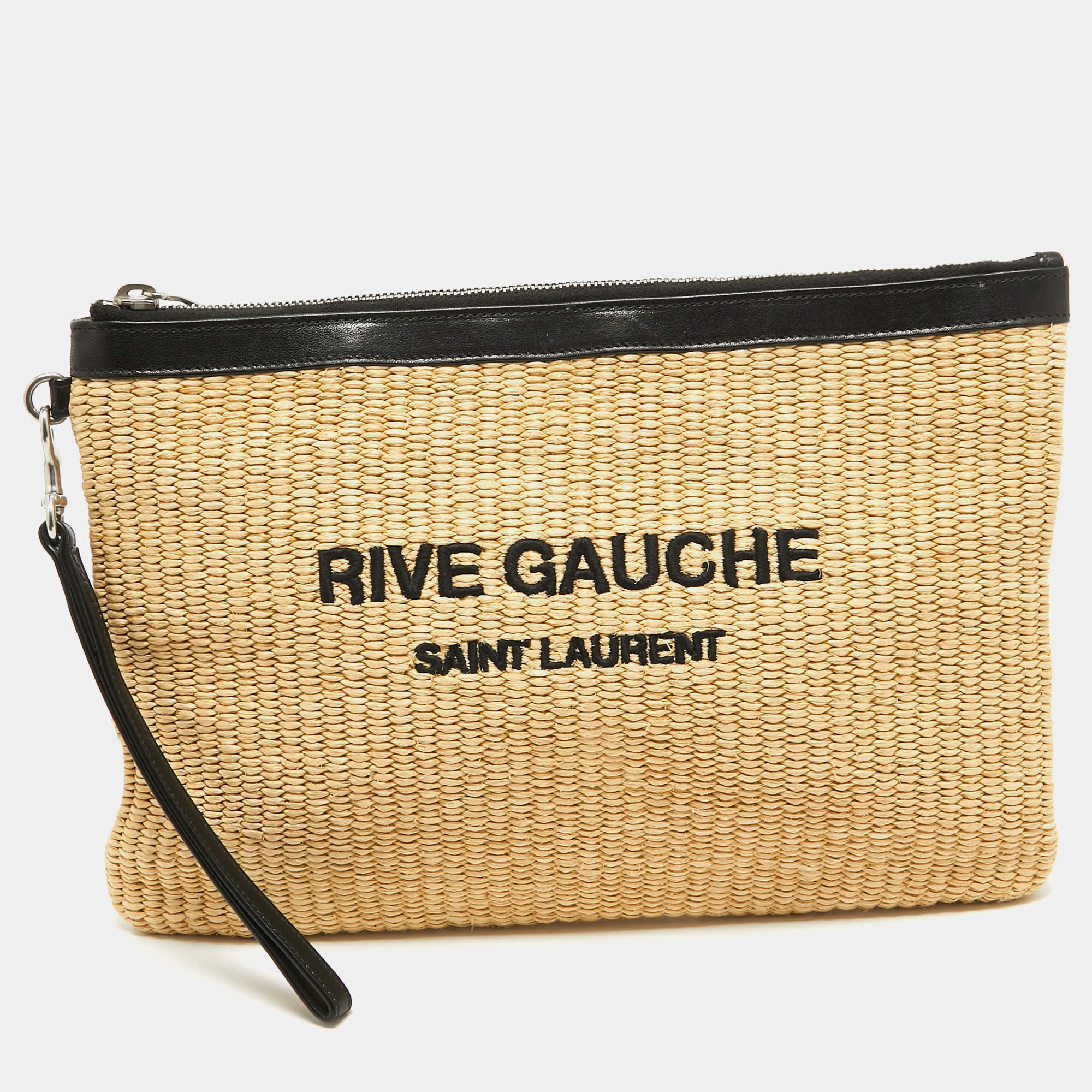 Pre Owned Saint Laurent Beige/Black Raffia and Leather Rive Gauche Zip Wristlet Pouch