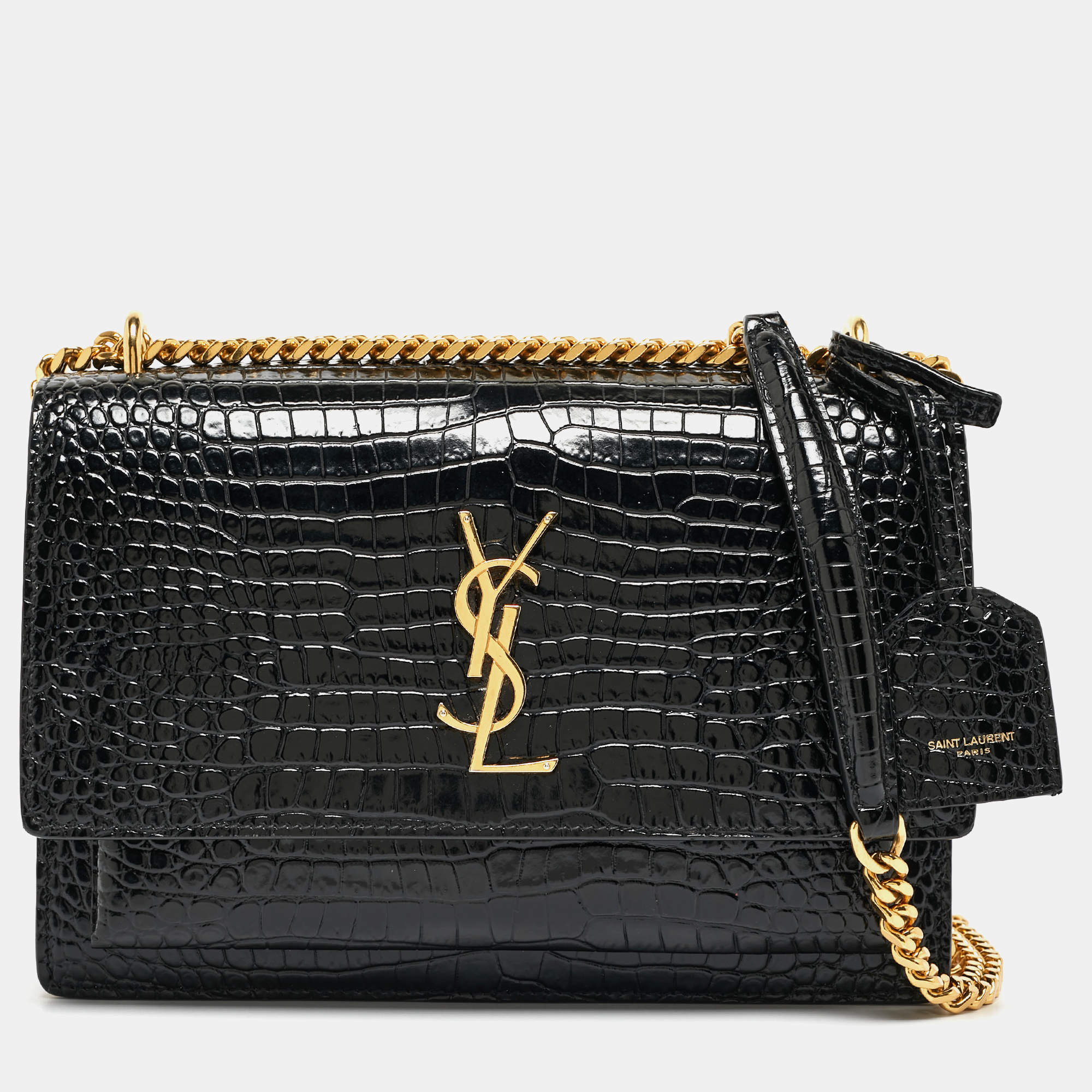 Saint Laurent Black Croc Embossed Leather Medium Sunset Shoulder Bag