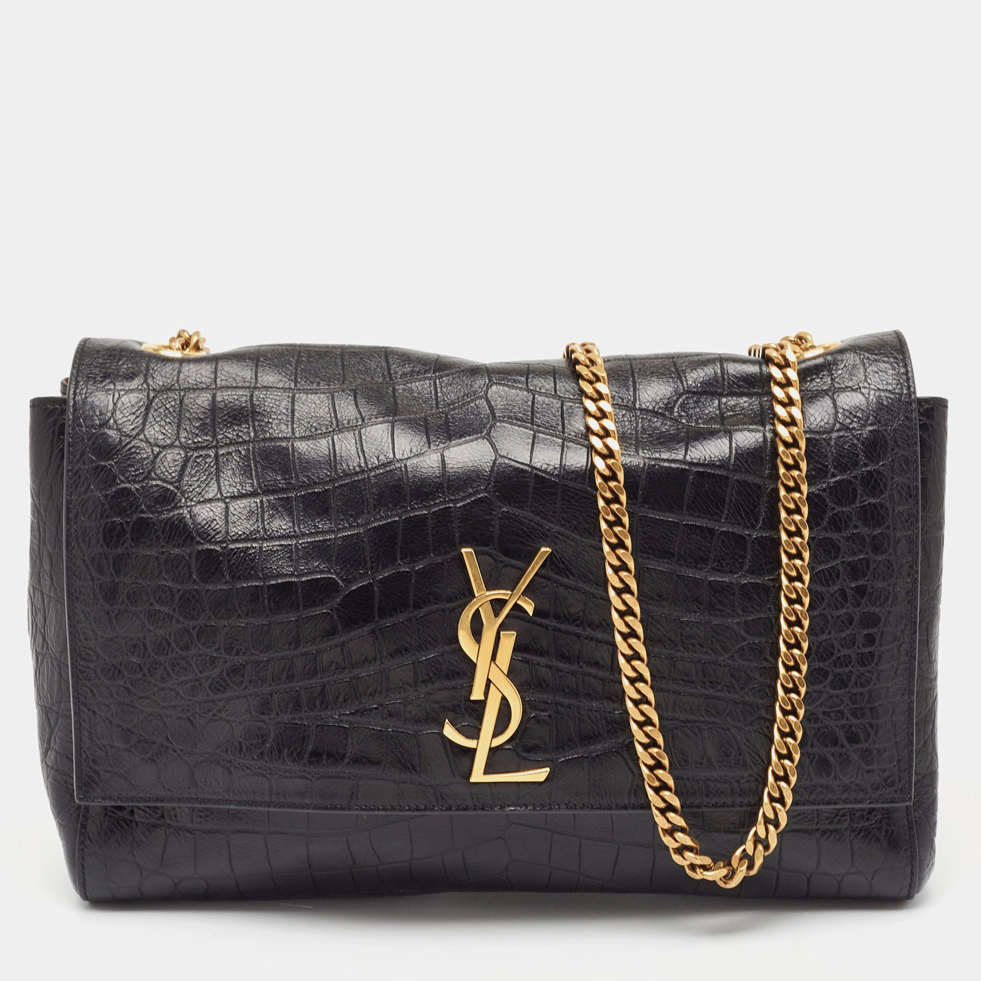 Pre Owned Saint Laurent Black Croc Embossed Leather and Suede Reversible Kate Bag