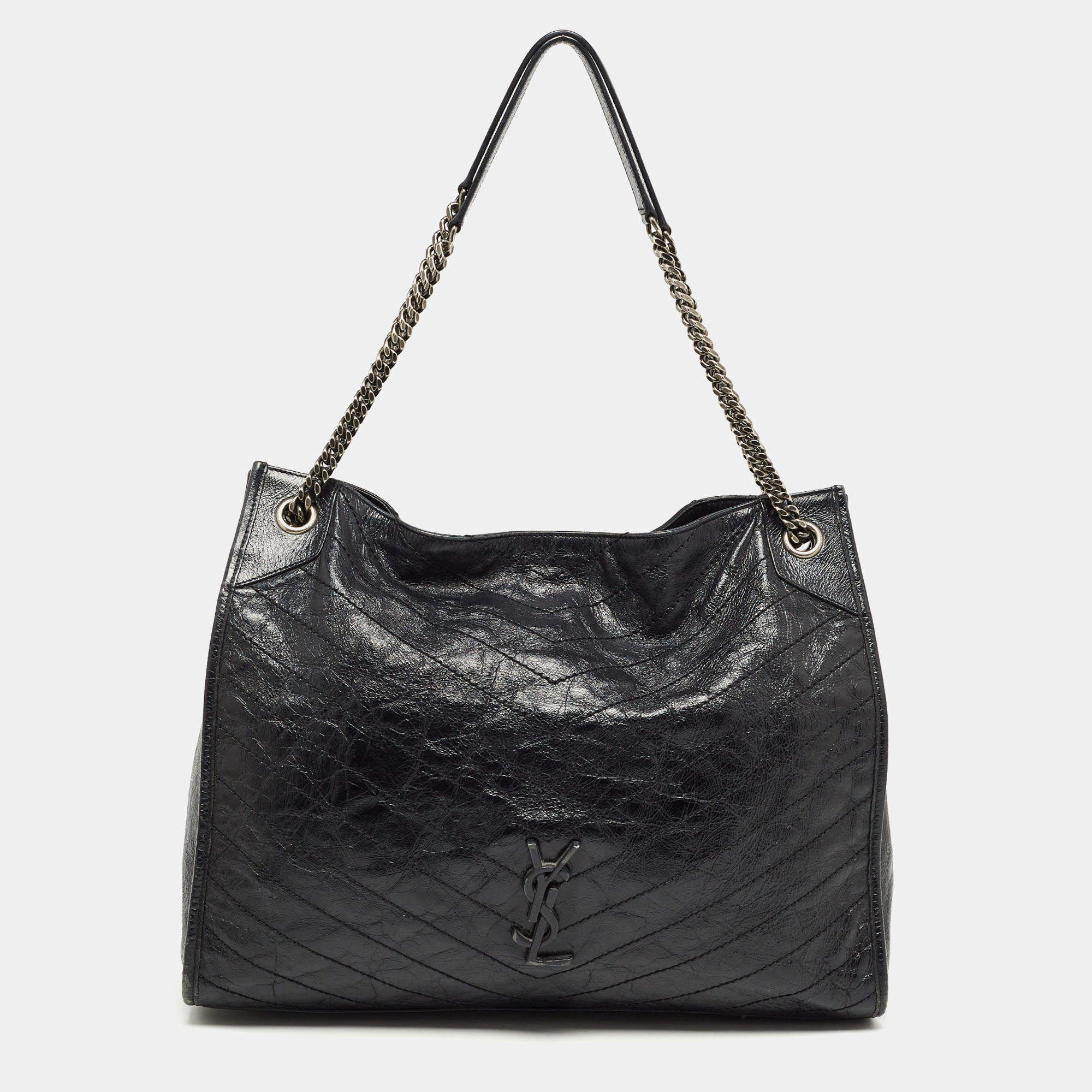 Pre Owned Saint Laurent Black Crinkled Leather Large Niko Shopper Tote