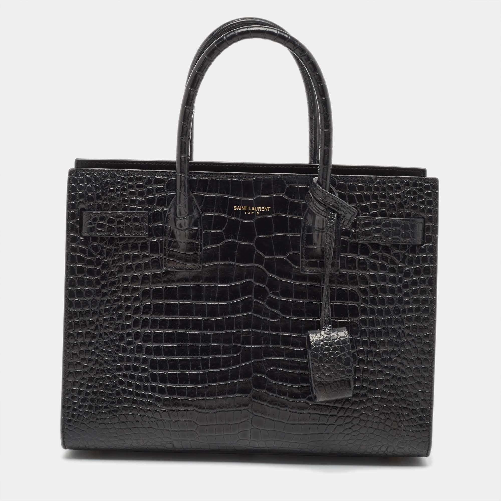 Pre Owned Saint Laurent Black Croc Embossed Leather Baby Classic Sac De Jour Tote