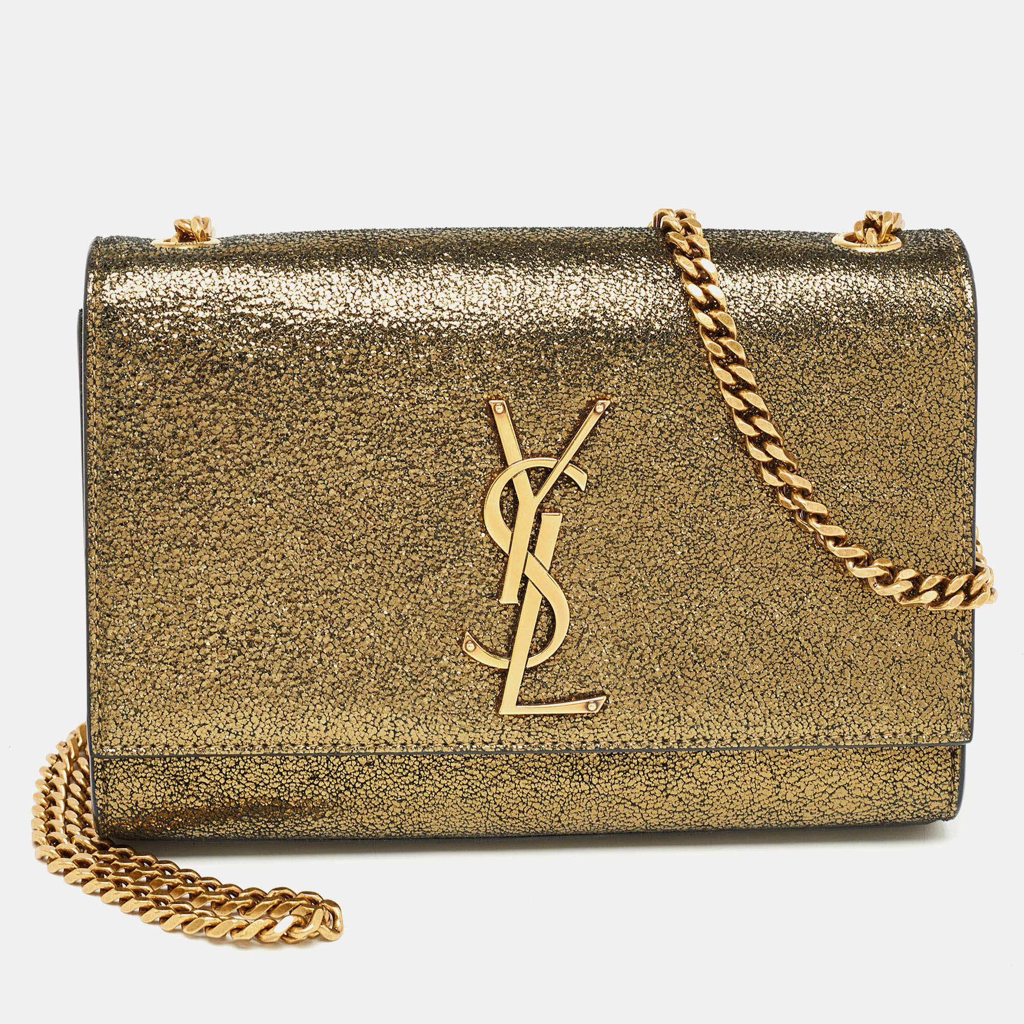 Saint Laurent Gold Crackled Leather New Small Kate Wallet on Chain