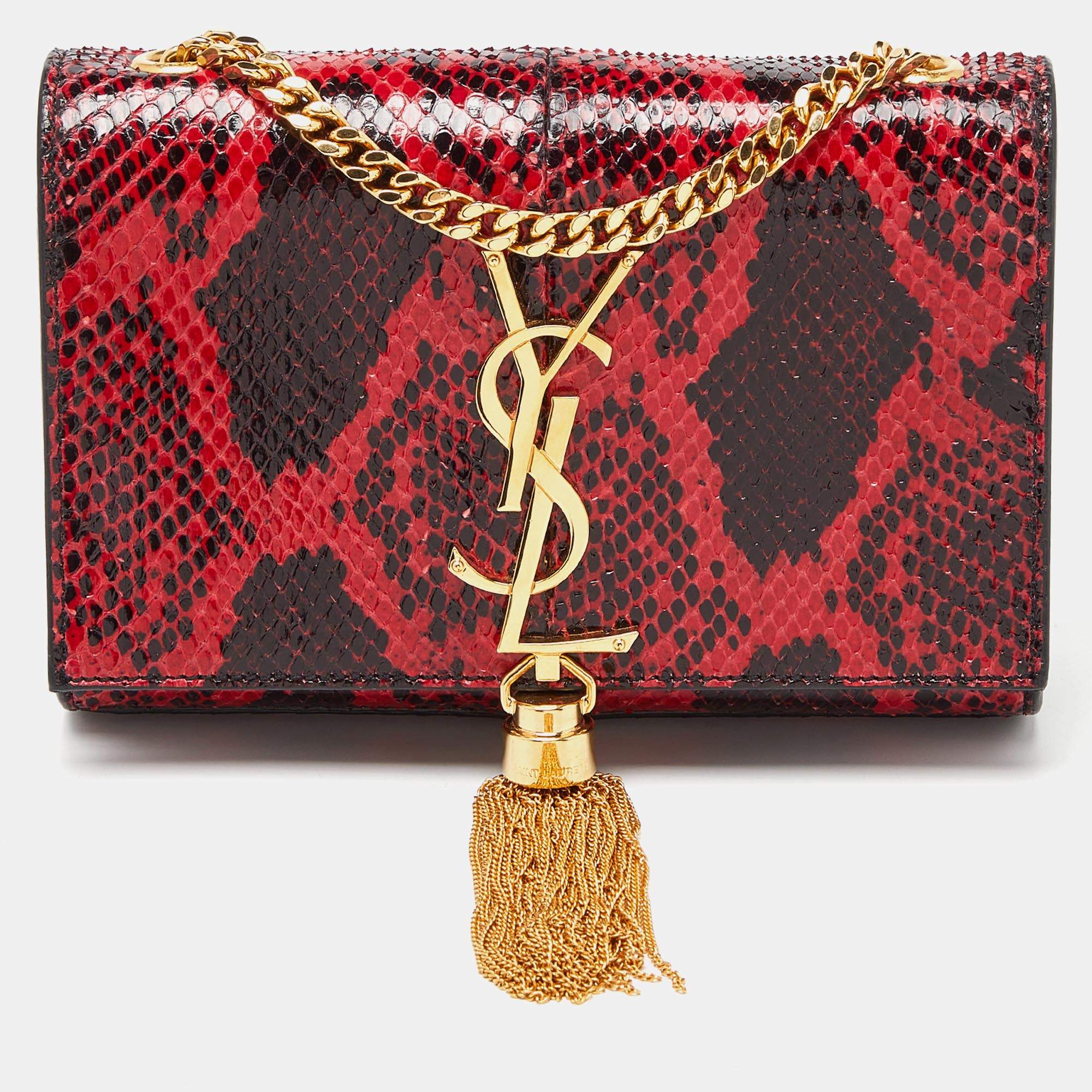 Pre Owned Saint Laurent Red/Black Python Embossed Leather Small Kate Wallet on Chain