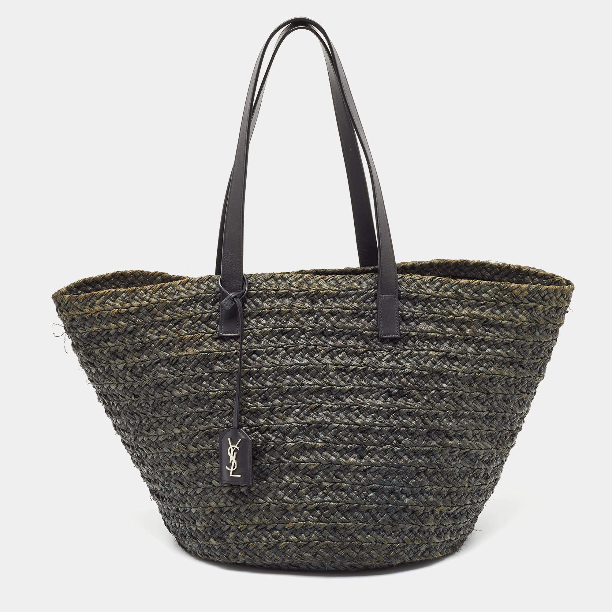 Pre Owned Saint Laurent Black Woven Raffia and Leather Basket Bag
