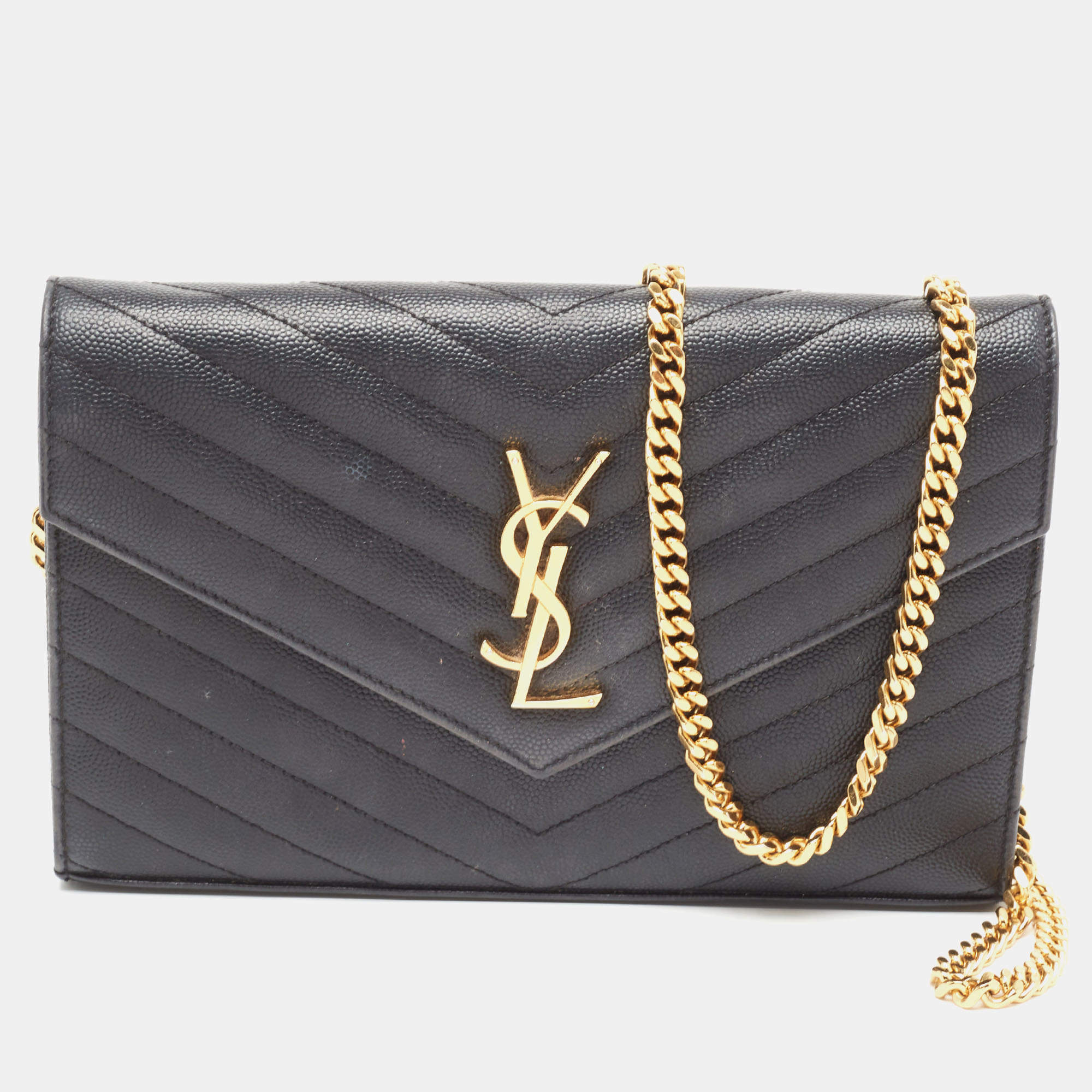 Saint Laurent Black Matelassé Leather Cassandre Wallet on Chain