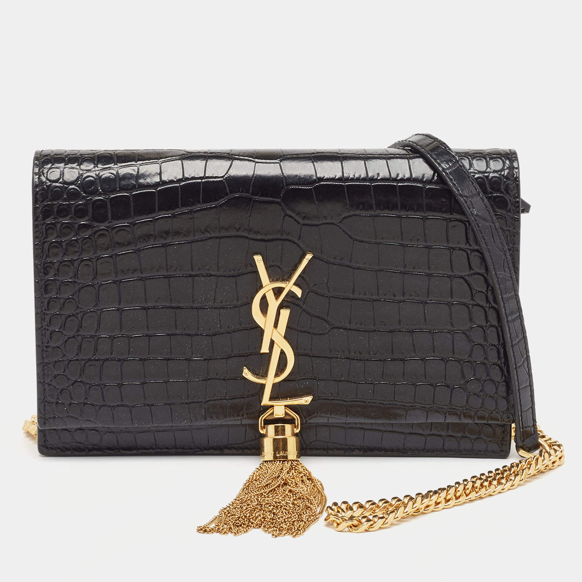 Pre Owned Saint Laurent Black Croc Embossed Leather Kate Tassel Chain Wallet