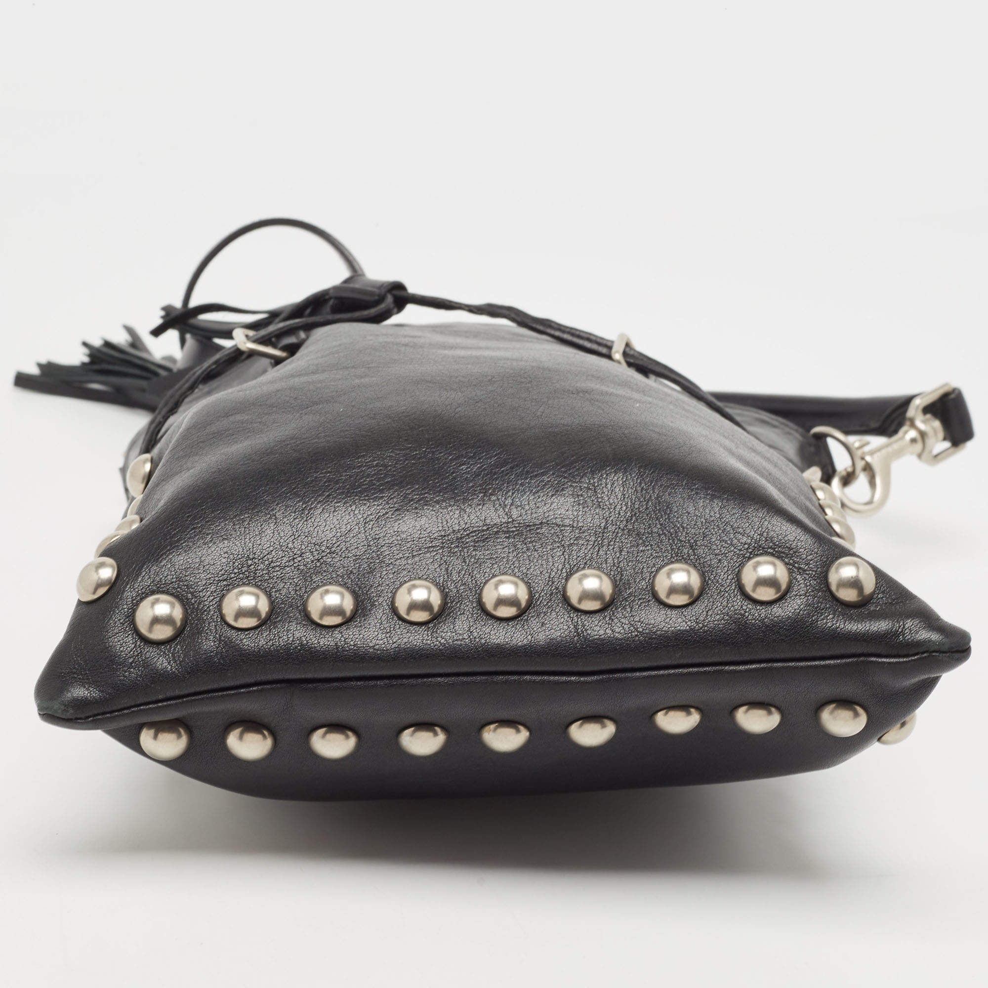 Pre Owned Saint Laurent Black Leather Monogram Flat Bucket Bag