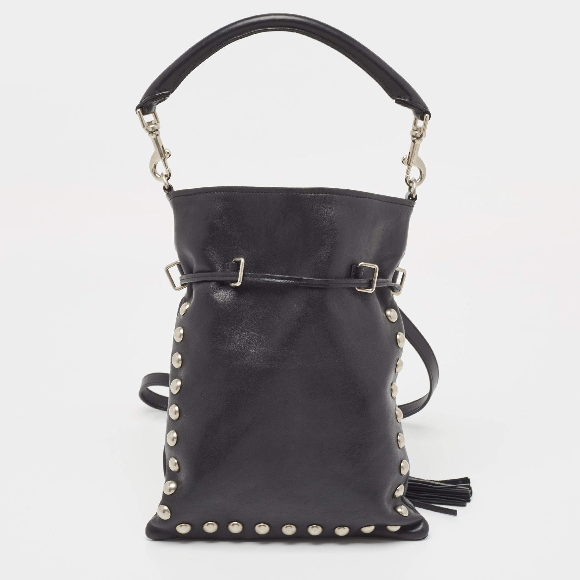 Pre Owned Saint Laurent Black Leather Monogram Flat Bucket Bag