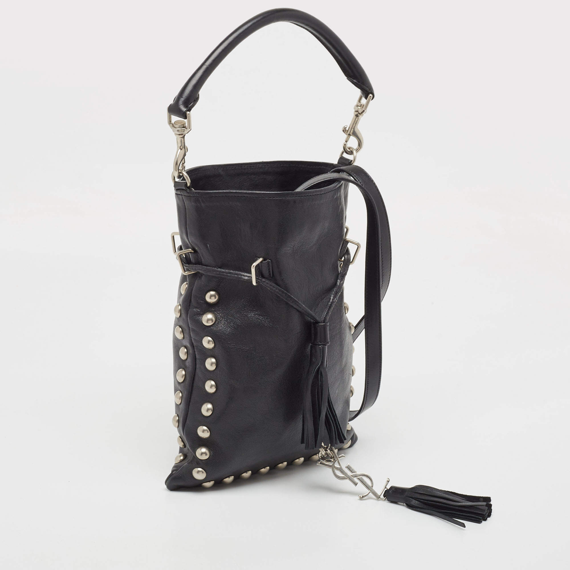 Pre Owned Saint Laurent Black Leather Monogram Flat Bucket Bag