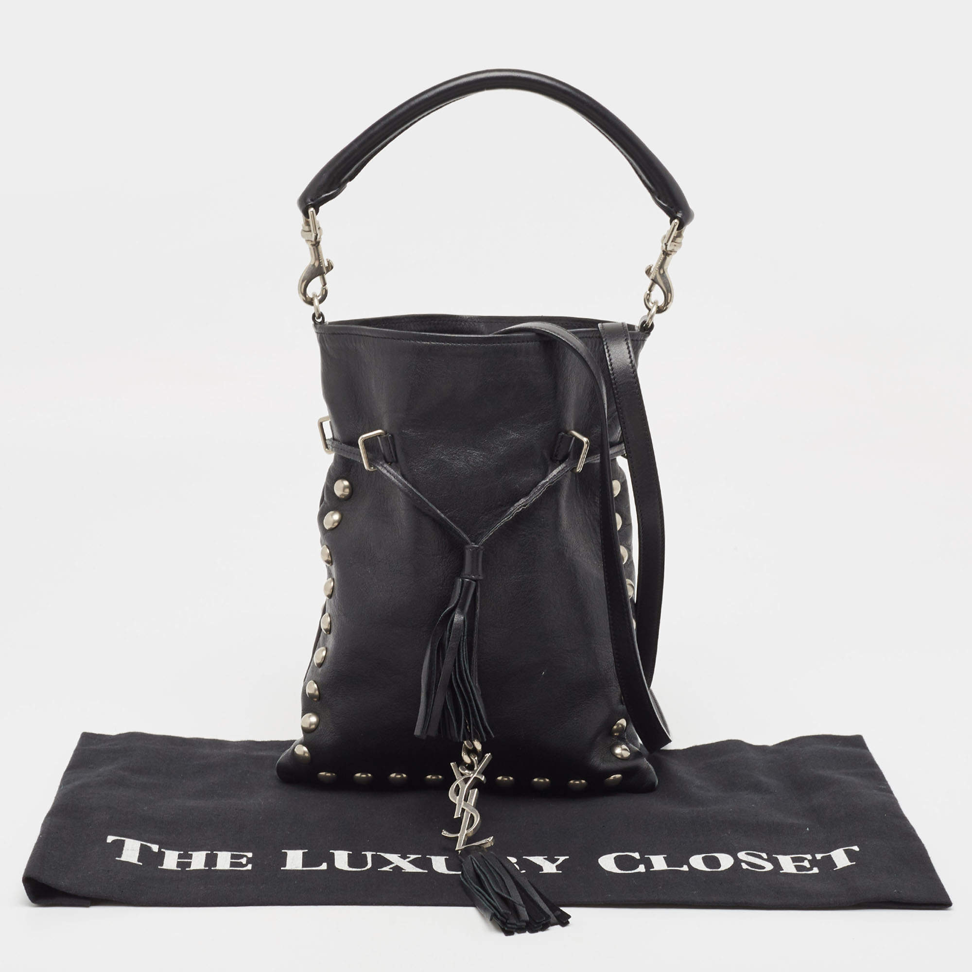 Pre Owned Saint Laurent Black Leather Monogram Flat Bucket Bag